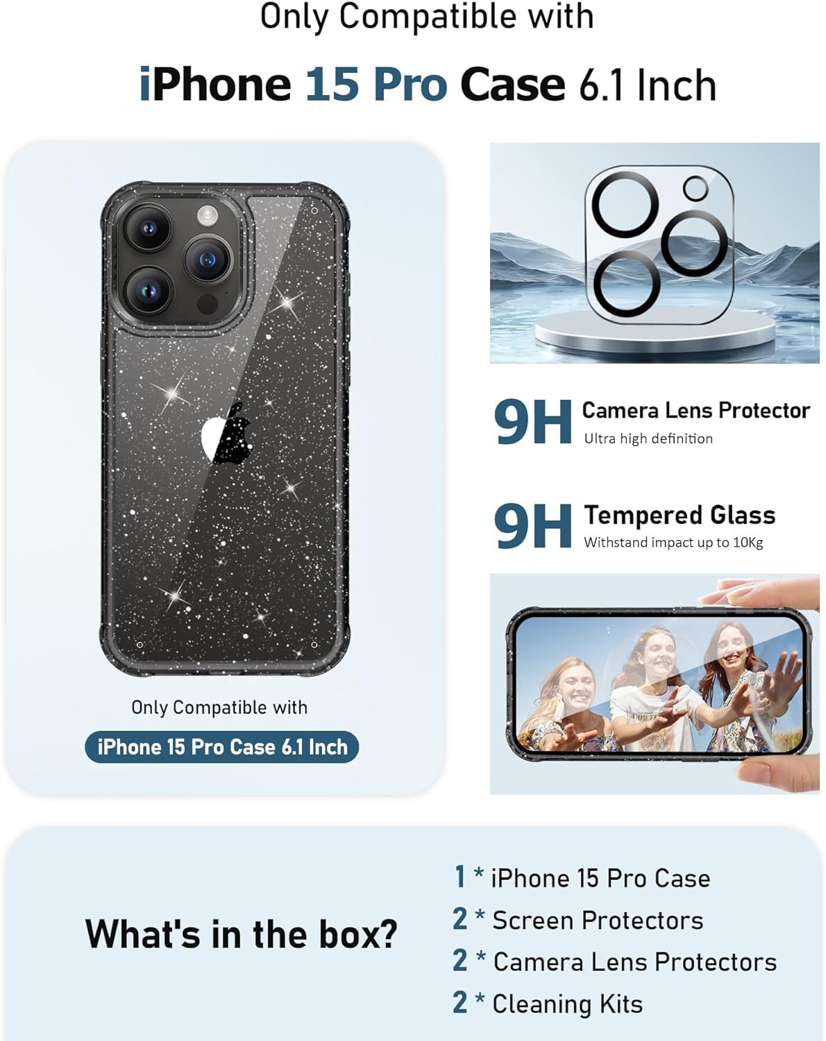 MIODIK Case Compatible with Iphone 15 Pro Clear Glitter, 2Pcs Screen Protector + 2Pcs Camera Protector, Women Cute [Military-Grade Protective] [Anti-Yellowing] Slim Cover 6.1" 2023 (Sparkle Black)  MIODIK   