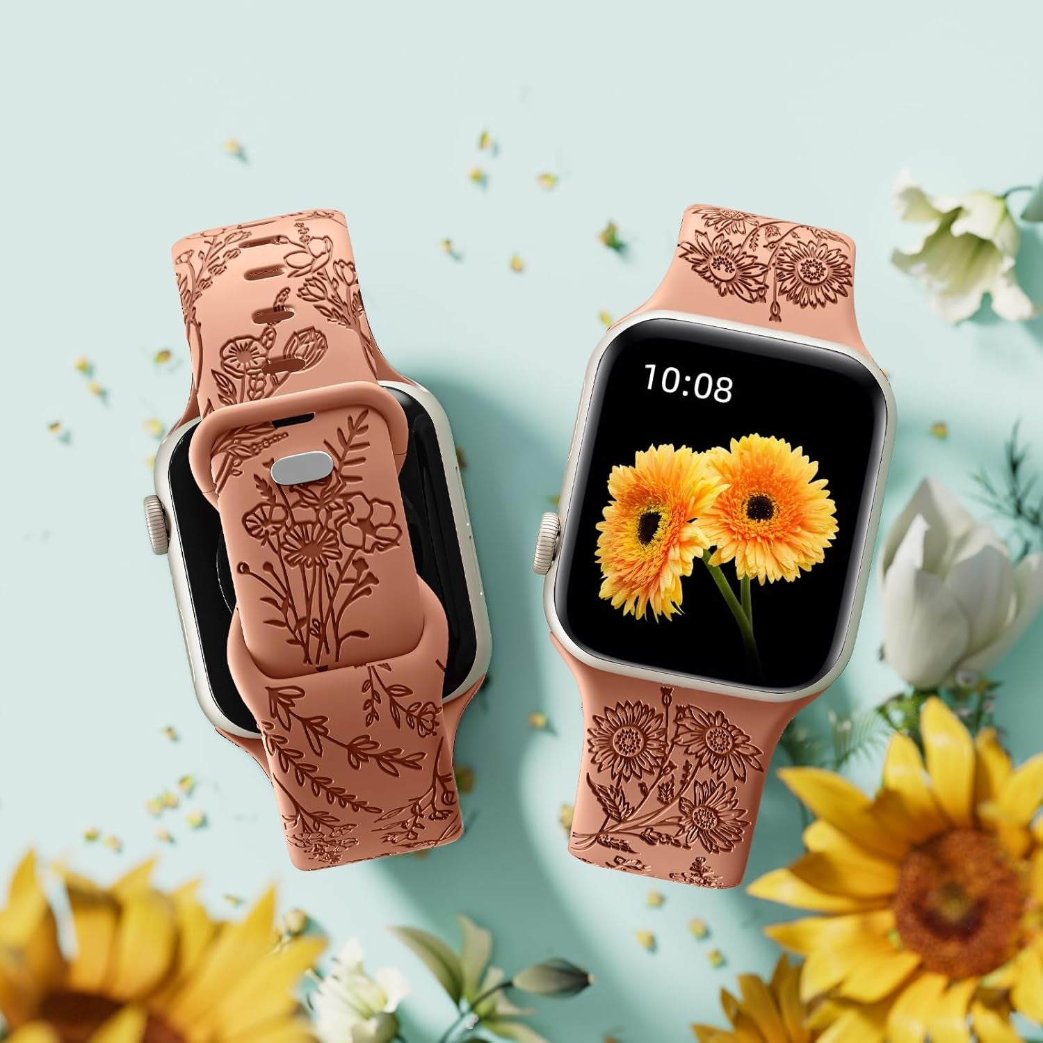 6 Pack Flower Engraved Bands Compatible for Apple Watch Band 40Mm 41Mm 38Mm 42Mm 44Mm 45Mm 49Mm Women,Soft Silicone Cute Wildflowers Sport Laser Strap for Iwatch Bands Series 9 Ultra SE 8 6 5 4 3 2 1