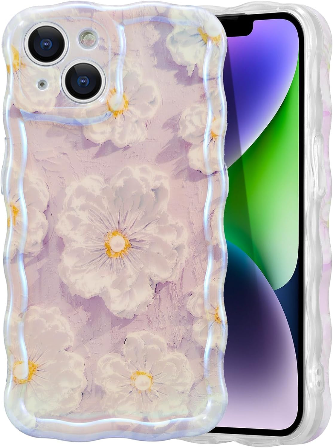 EYZUTAK Case for Iphone 14 Pro, Colorful Retro Oil Painting Flower Leaf Laser Glossy Pattern Cute Curly Wave Edge Exquisite Phone Cover Stylish Durable TPU Protective Case for Girls Women - Blue Green  EYZUTAK   
