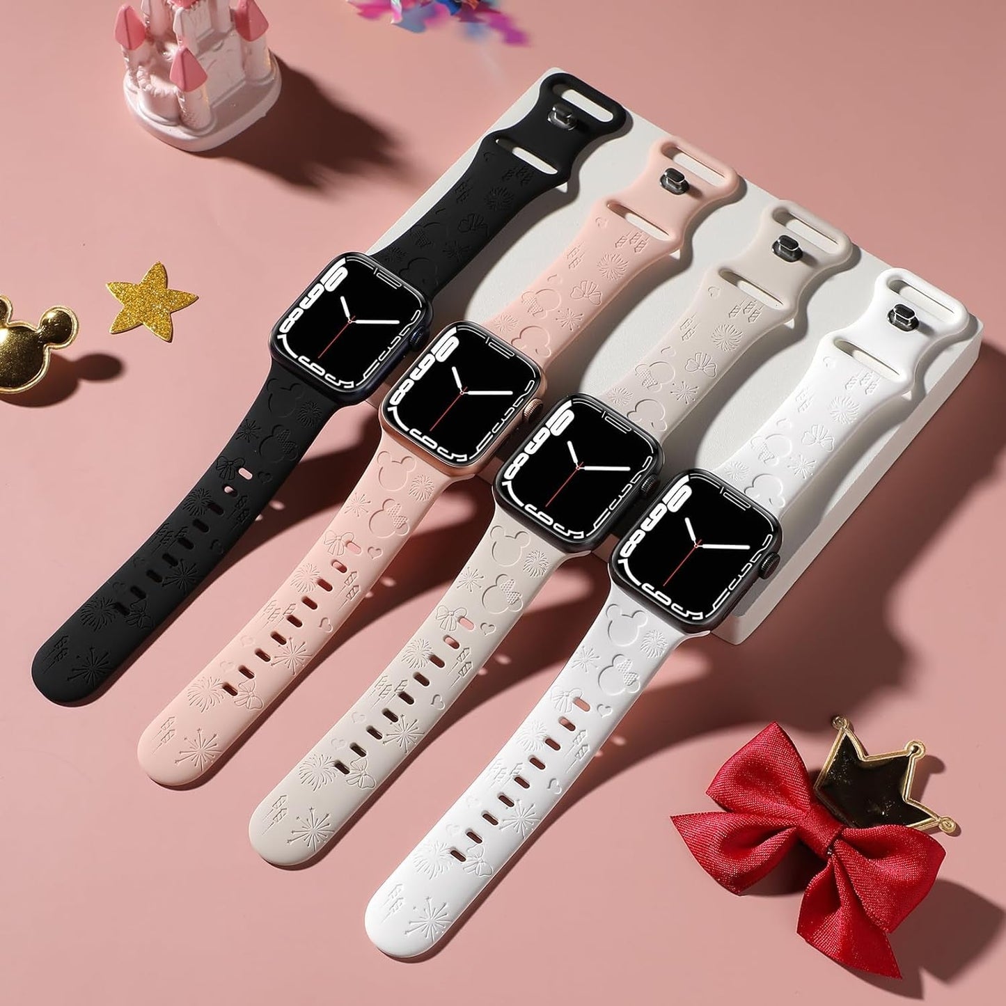4 Pack Cartoon Engraved Bands Compatible with Apple Watch Band 40Mm 41Mm 38Mm 42Mm 44Mm 45Mm 49Mm Women,Soft Silicone Cute Designer Strap for Iwatch Bands Series SE 8 6 5 4 3 2 1 Ultra