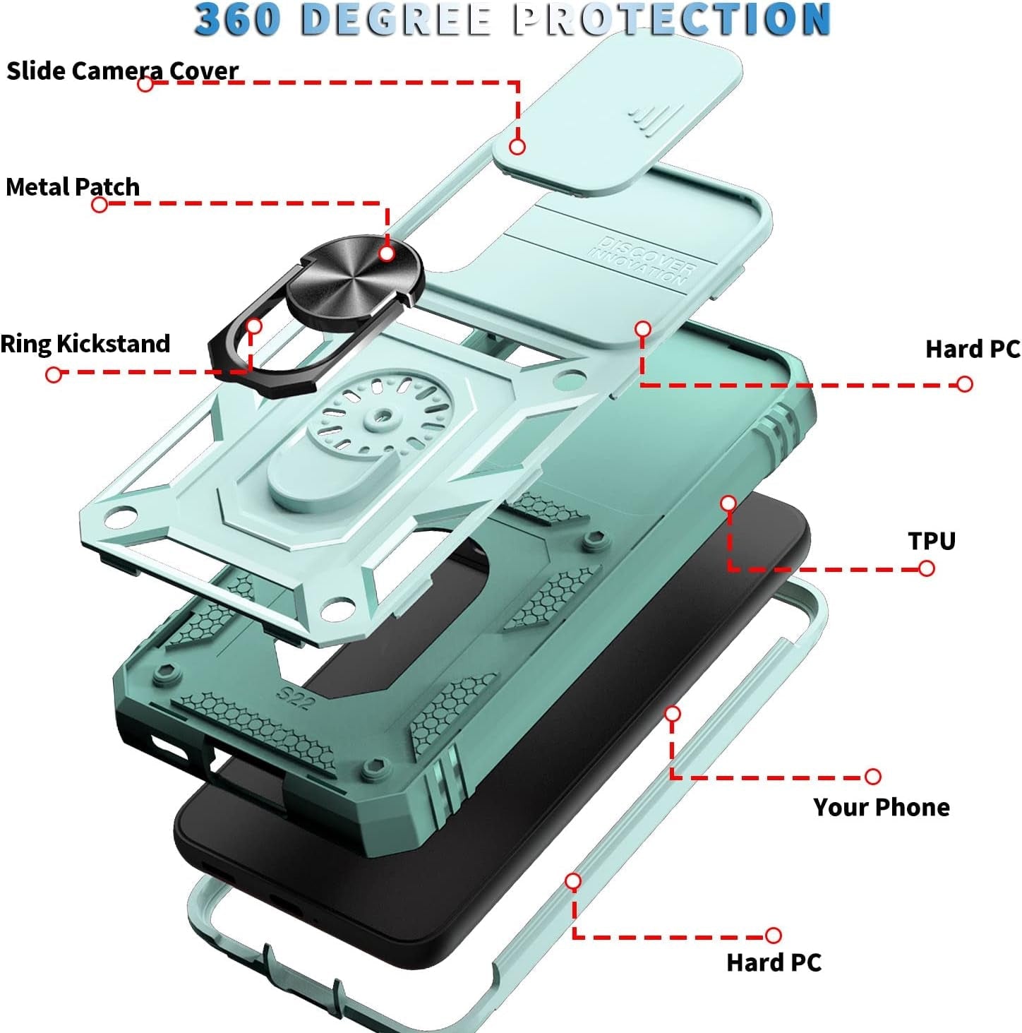 Case for Galaxy S22 Plus, Camera Cover Phone Case with Rotation Ring Stand for Samsung Galaxy S22 plus - Green