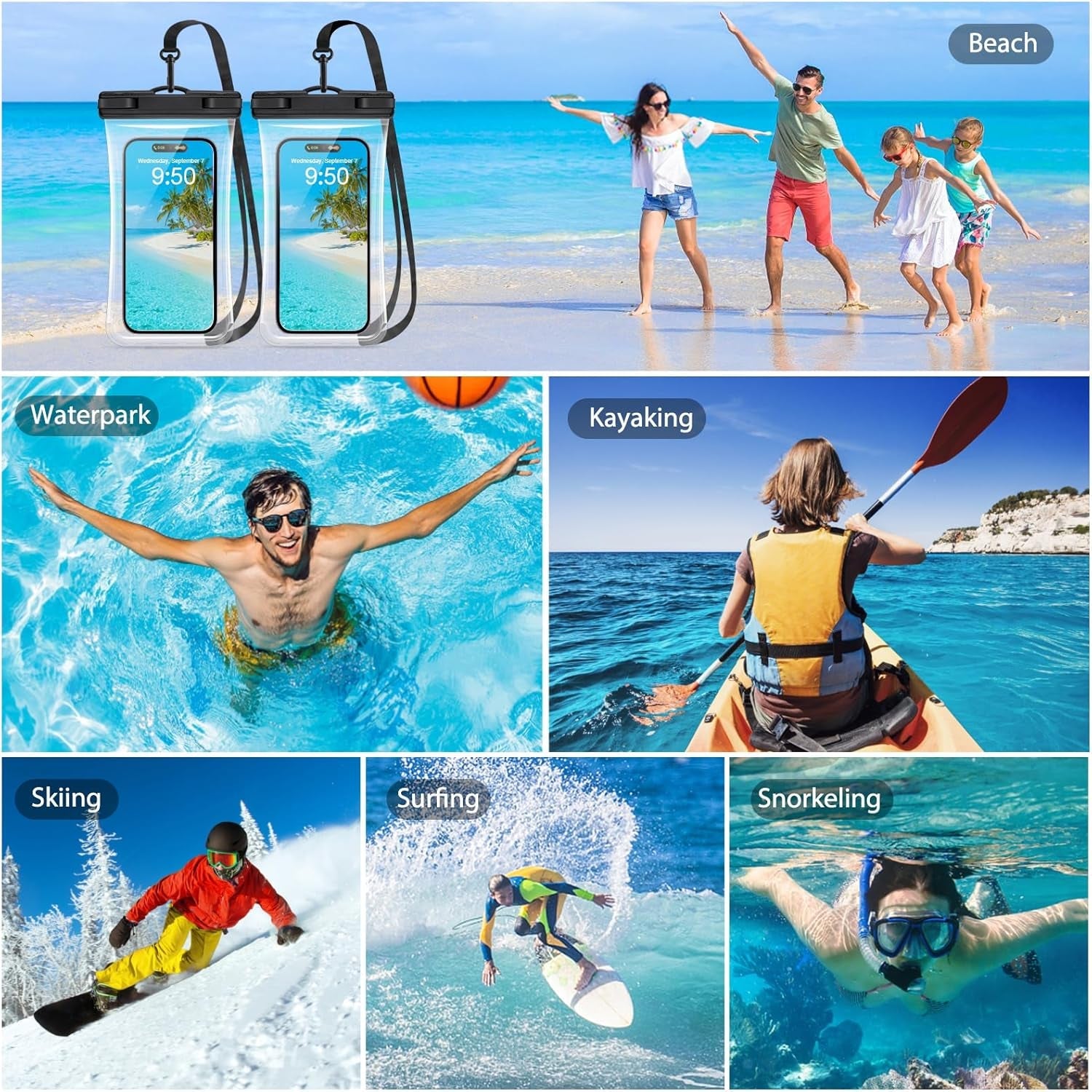 2 Pack Waterproof Phone Pouch, Waterproof Phone Case for Iphone 15 Pro Max Plus, Galaxy S24 S23 S22, Pixel 8A 7A up to 7.2", Underwater Dry Bag Beach Vacation, Black & Black