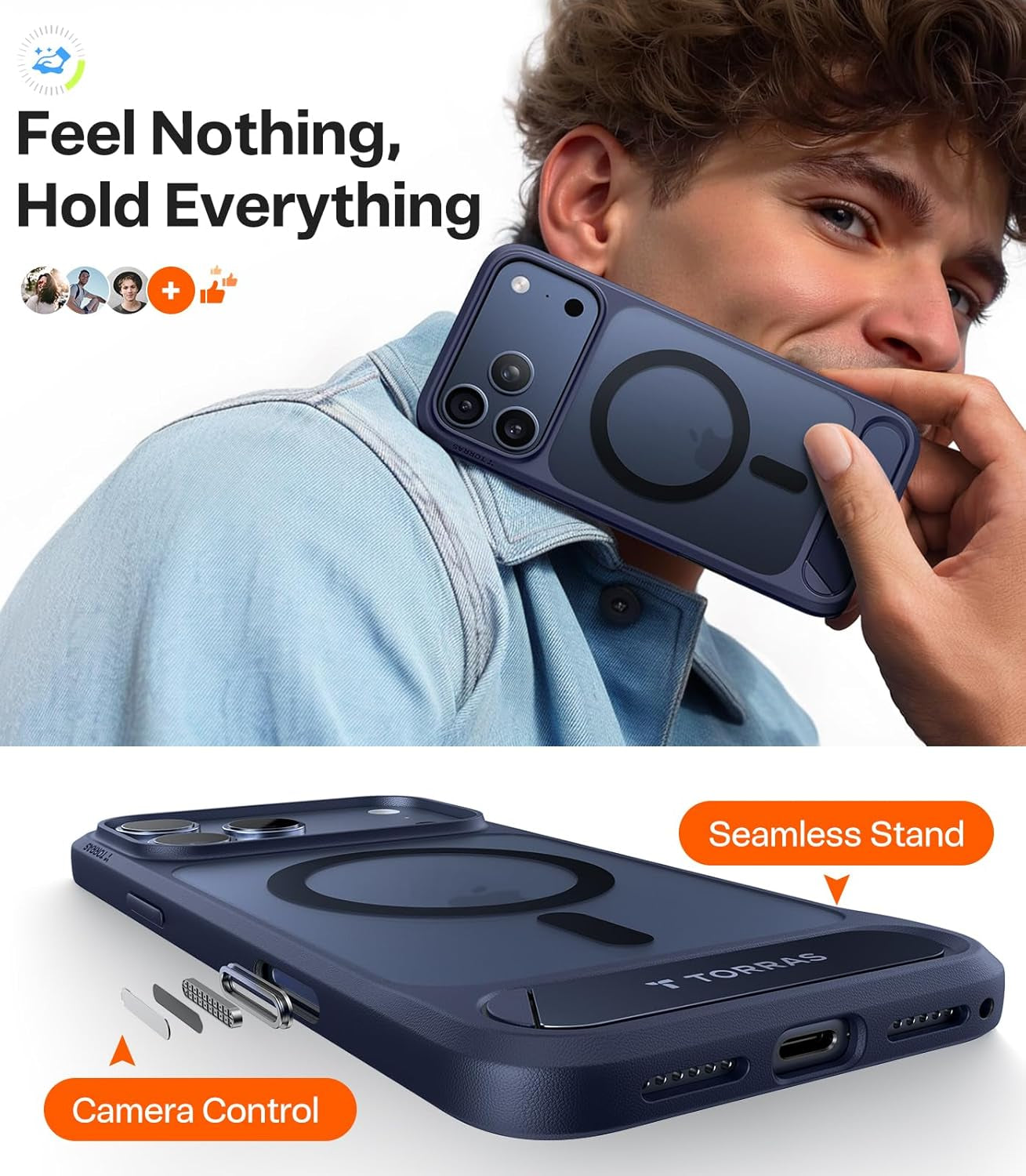 TORRAS Strong Magnetic & Seamless Stand for Iphone 17 Pro Max Case, Fit for Magsafe, Military Grade Drop Protection, Invisible Adjustable Kickstand, Camera Control Button, Translucent Matte Deep Blue