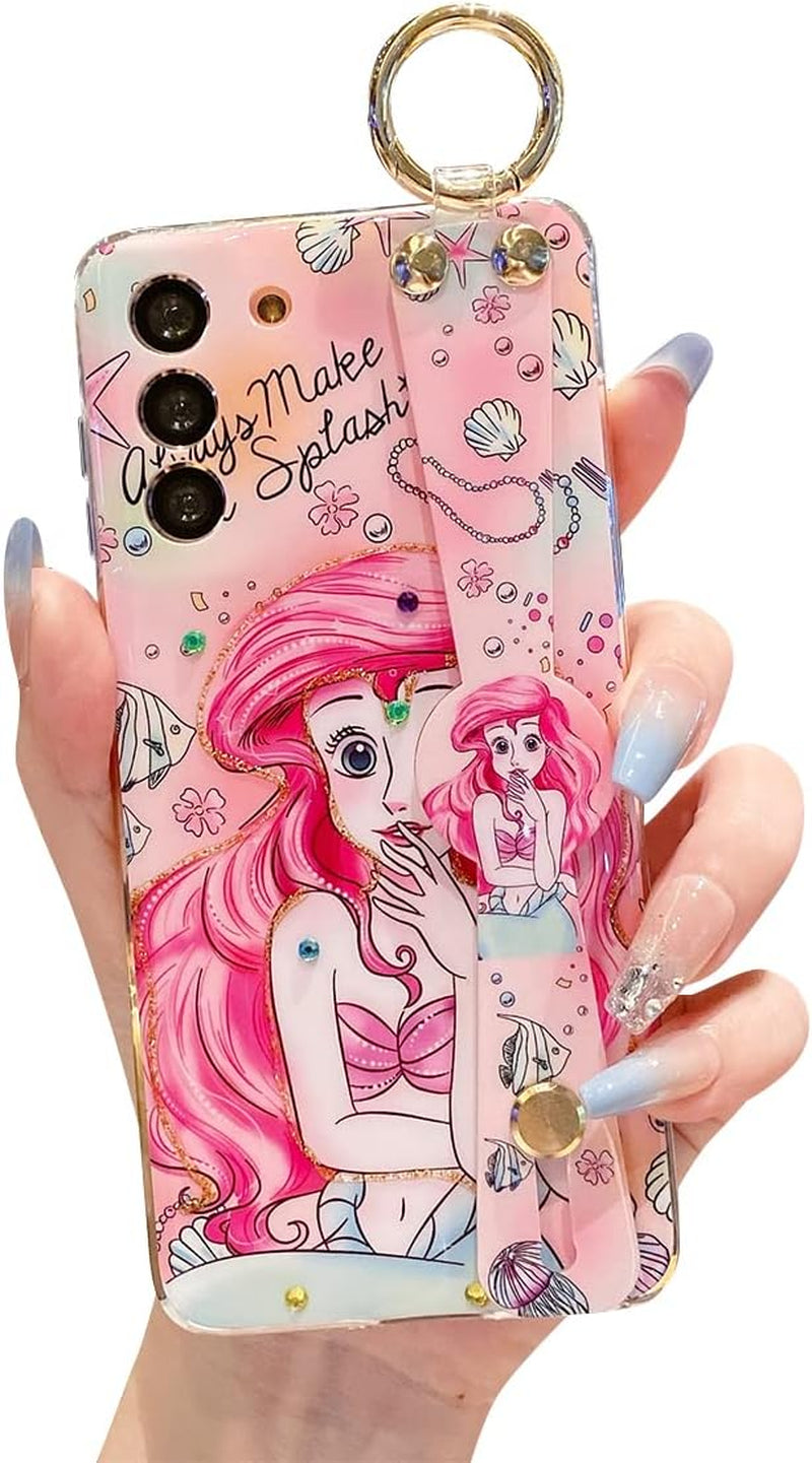 For Samsung Galaxy S22 Case [NOT Plus] Sparkle Bling with Strap Stand 6.1" Cute Pattern IMD Plating Silicone Shockproof Protective Glitter Cases Cover for Girls and Women - Pink Dumbo