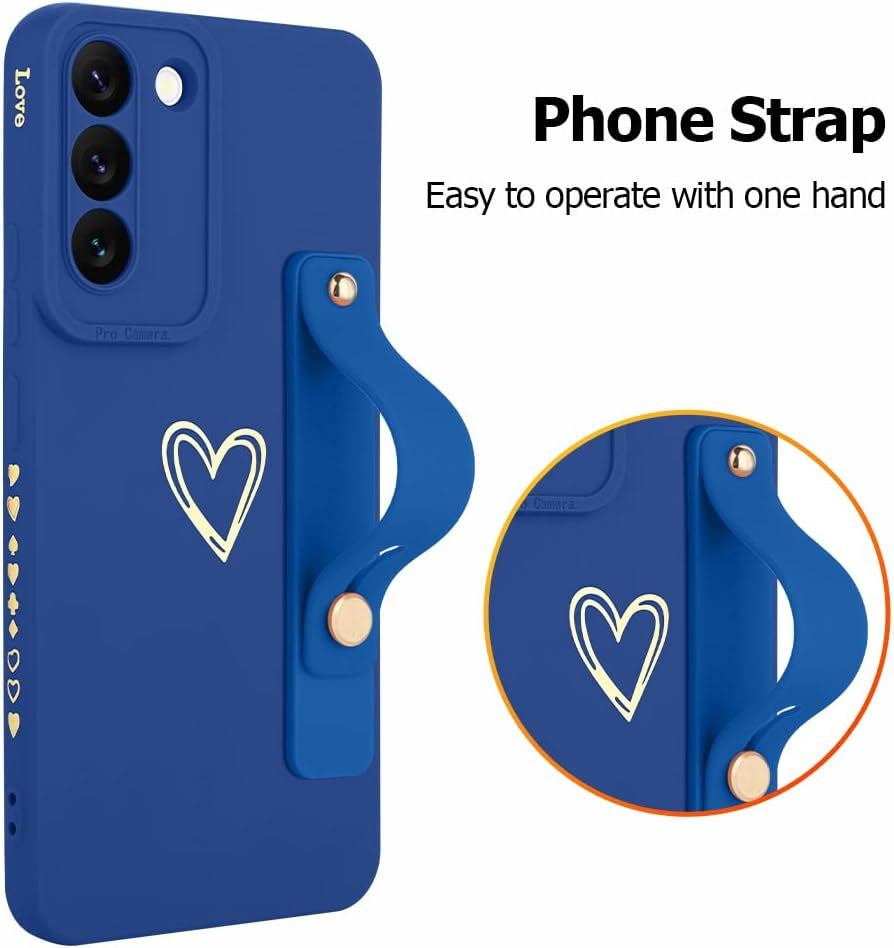 Fiyart Designed for Galaxy S22 plus 5G Case with Phone Stand Holder Cute Love Hearts Pattern Slim Protective Camera Protection Cover with Wrist Strap for Women Girls for S22 plus 5G 6.6"-Dark Blue