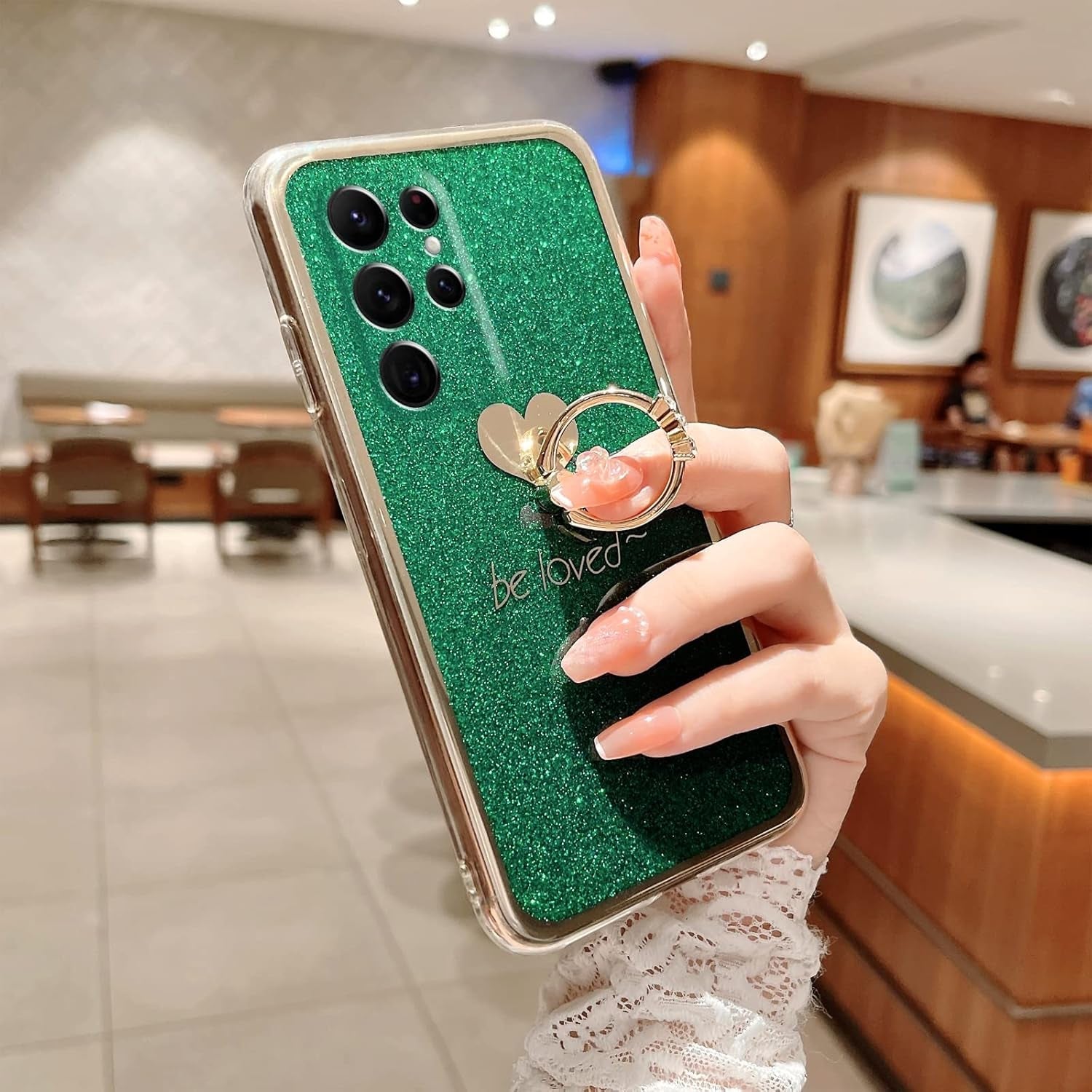 For Samsung Galaxy S22 Ultra Case (6.8-Inch) with Ring Kickstand Girls Woman Cute Glitter Slim Soft Silicone Bumper Shockproof Drop Protective Cover - Green