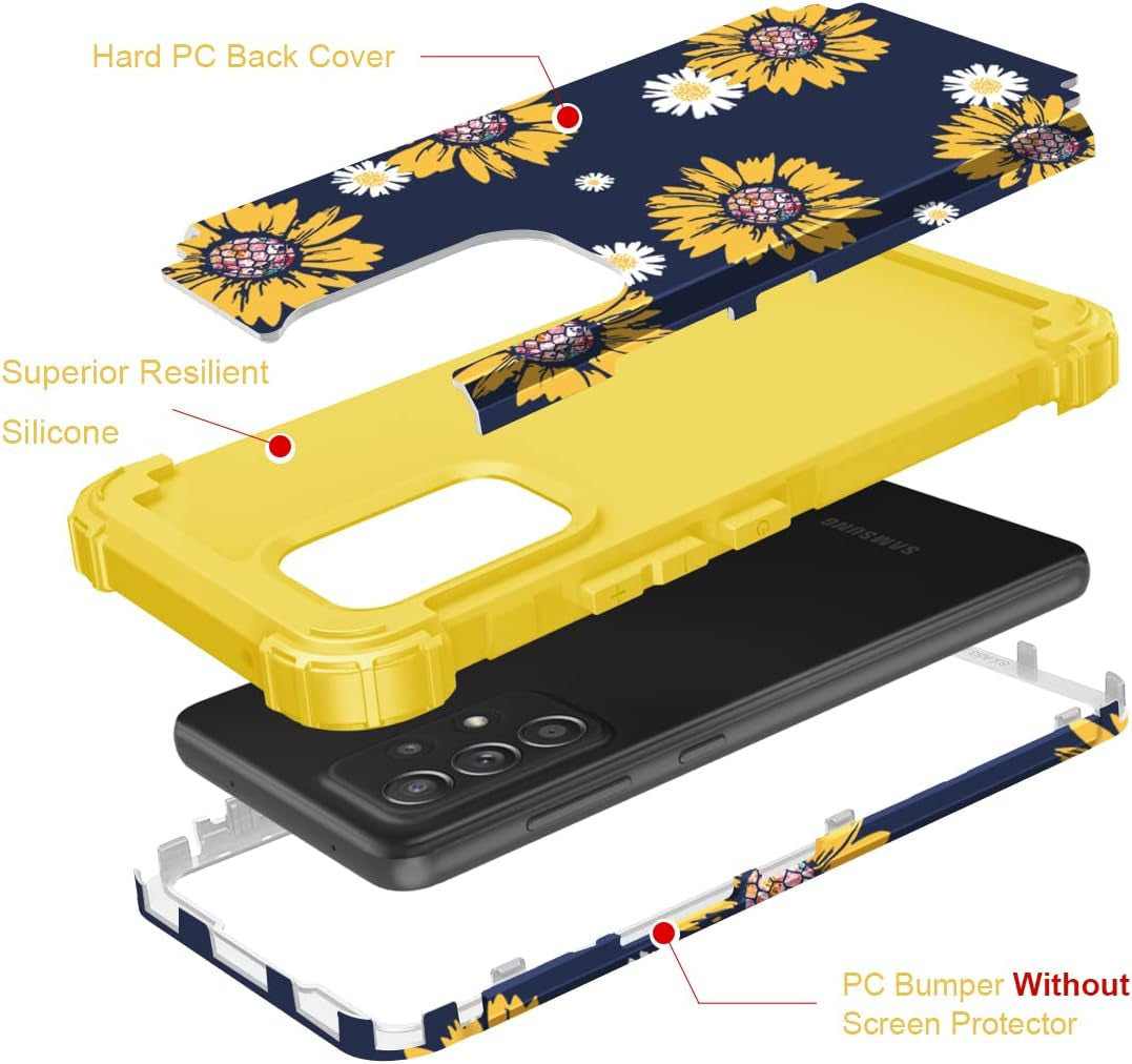 Fingic Samsung A53 5G Case,Samsung Galaxy A53 5G Case, Sunflower 3 in 1 Heavy Duty Hard PC Soft Silicone Rugged Bumper Full-Body Shockproof Protective Phone Case for Samsung Galaxy A53 5G, Yellow