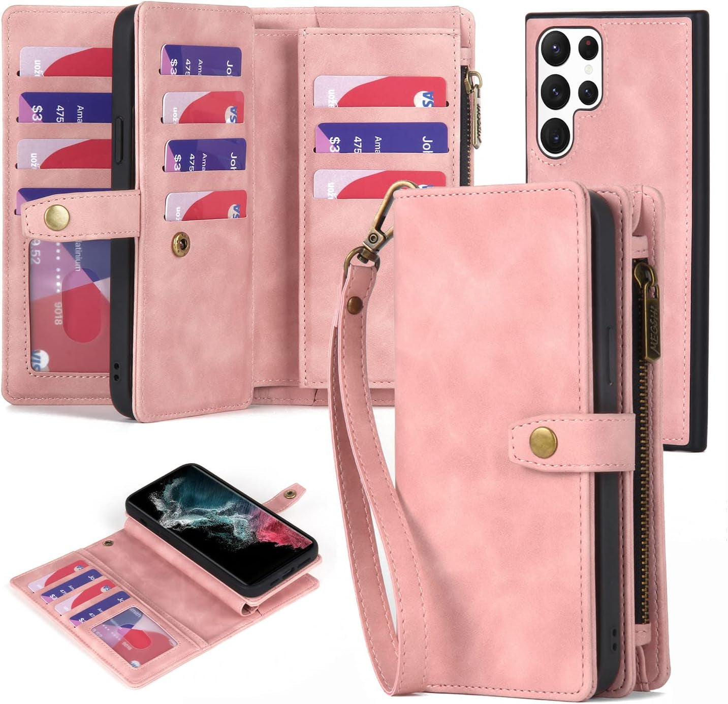 For Samsung Galaxy S22 Ultra Wallet Case with Card Holder & Detachable Magnetic Phone Case, Leather All-Round Protection Wallet Phone Case for Women Men,6.8In,Black