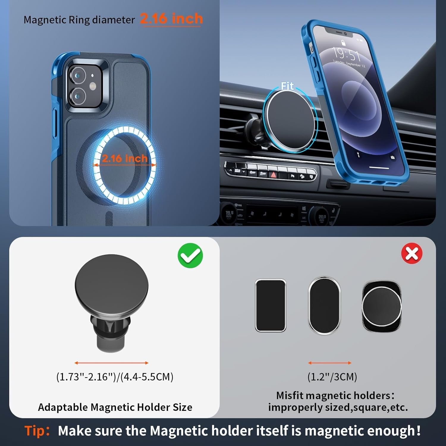 For Iphone 12 Case,Iphone 12 Pro Case,[Compatible with Magsafe][12 FT Military Grade Drop Protection] 2X[Tempered Glass Screen Protector] Magnetic Phone Case for Iphone 12/12 Pro,Deep Blue