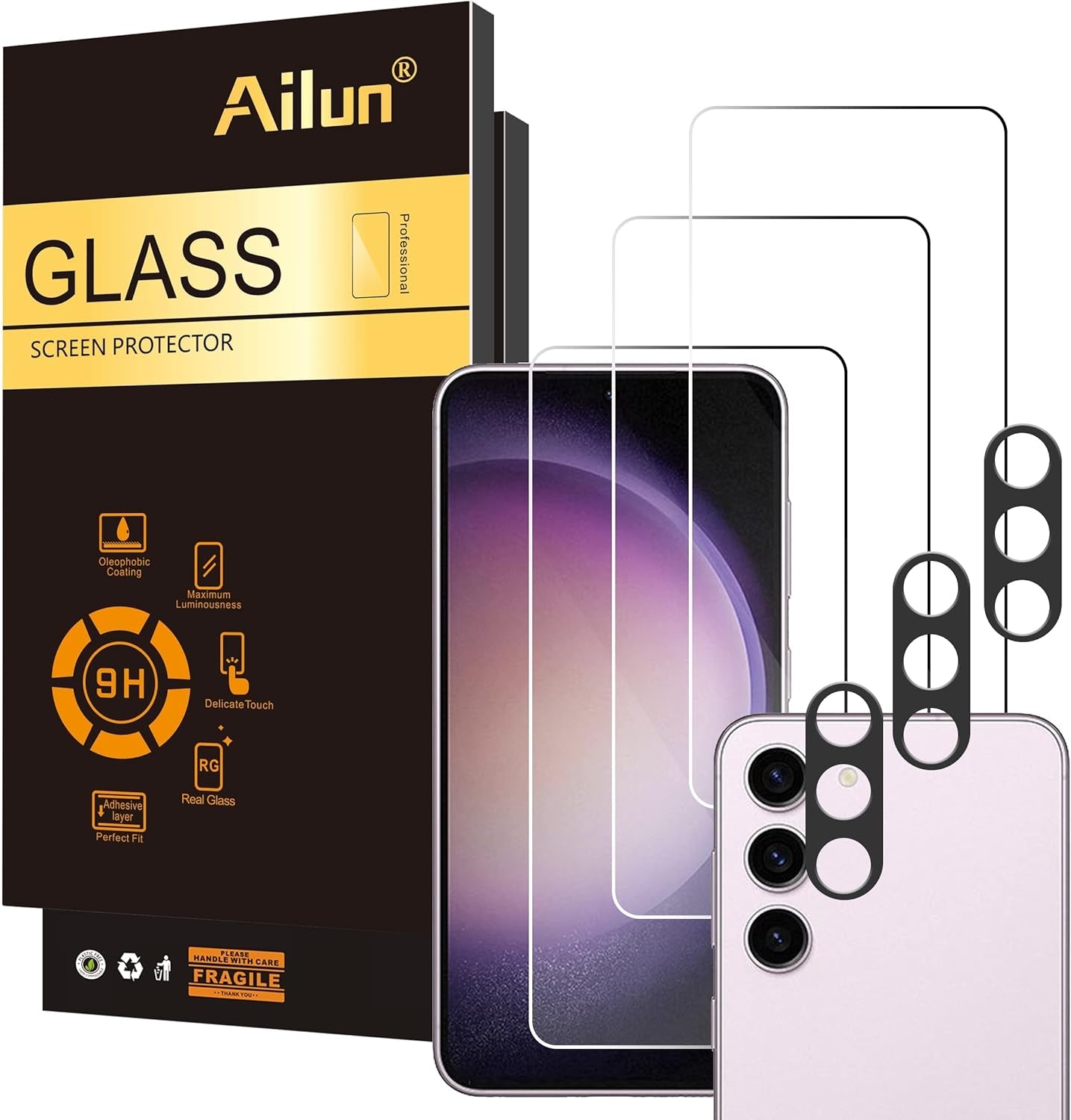 Ailun Glass Screen Protector for Galaxy S24 3 Pack + 3 Pack Camera Lens Tempered Glass Fingerprint Unlock Compatible 0.25Mm Anti-Scratch Case Friendly Clear - HD