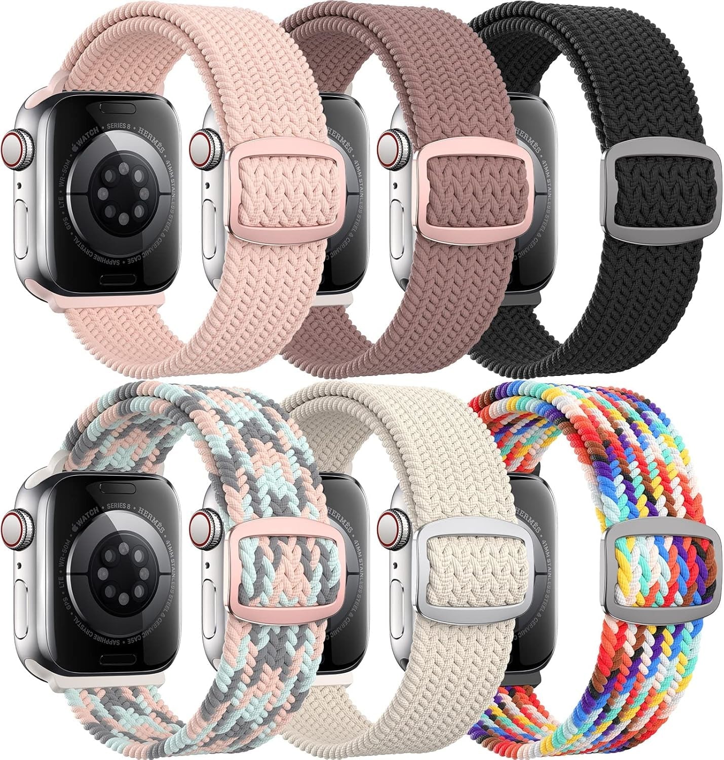 Bling Nylon Stretchy Bands Compatible with Apple Watch Bands 38Mm 40Mm 41Mm 42Mm 44Mm 45Mm 49Mm for Women Girls, Adjustable Braided Solo Loop Sport Bands for Iwatch Series 9 8 7 6 SE 5 4 3 2 1, 6 Packs