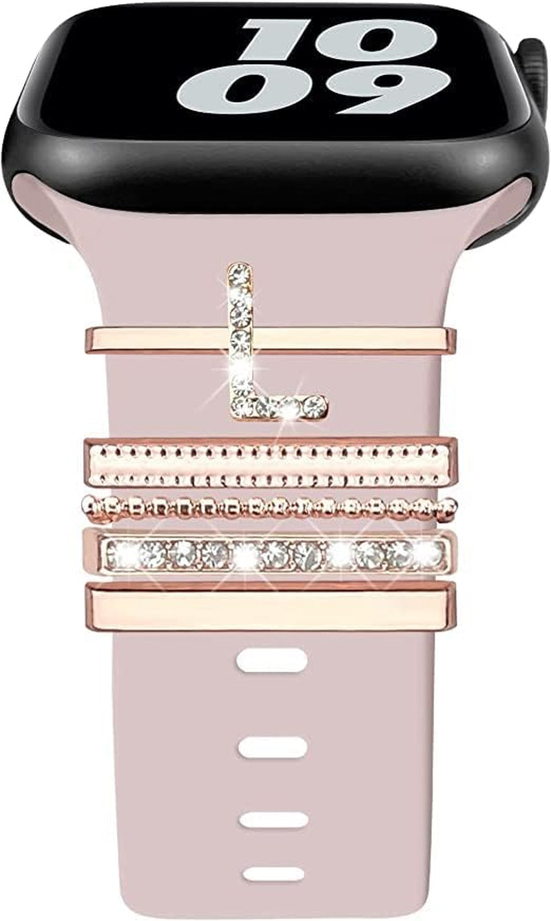Decorative Rings Loops Compatible with Apple Watch Silicone Bands Charms 45Mm 44Mm 42Mm 41Mm 40Mm 38Mm Iwatch Series 8 7 6 5 4 3 2 1 Metal Diamond Charms Accessories (L-Rose Gold)