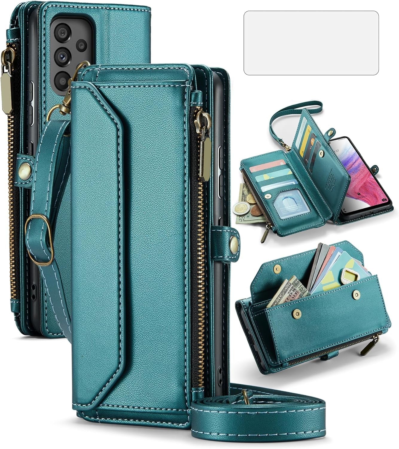 Asuwish Phone Case for Samsung Galaxy A53 5G Zipper Wallet Cover with Tempered Glass Screen Protector and Flip RFID Blocking Credit Card Holder Cell a 53 G5 53A SM A536U 6.5" 2022 Women Girls Wine Red