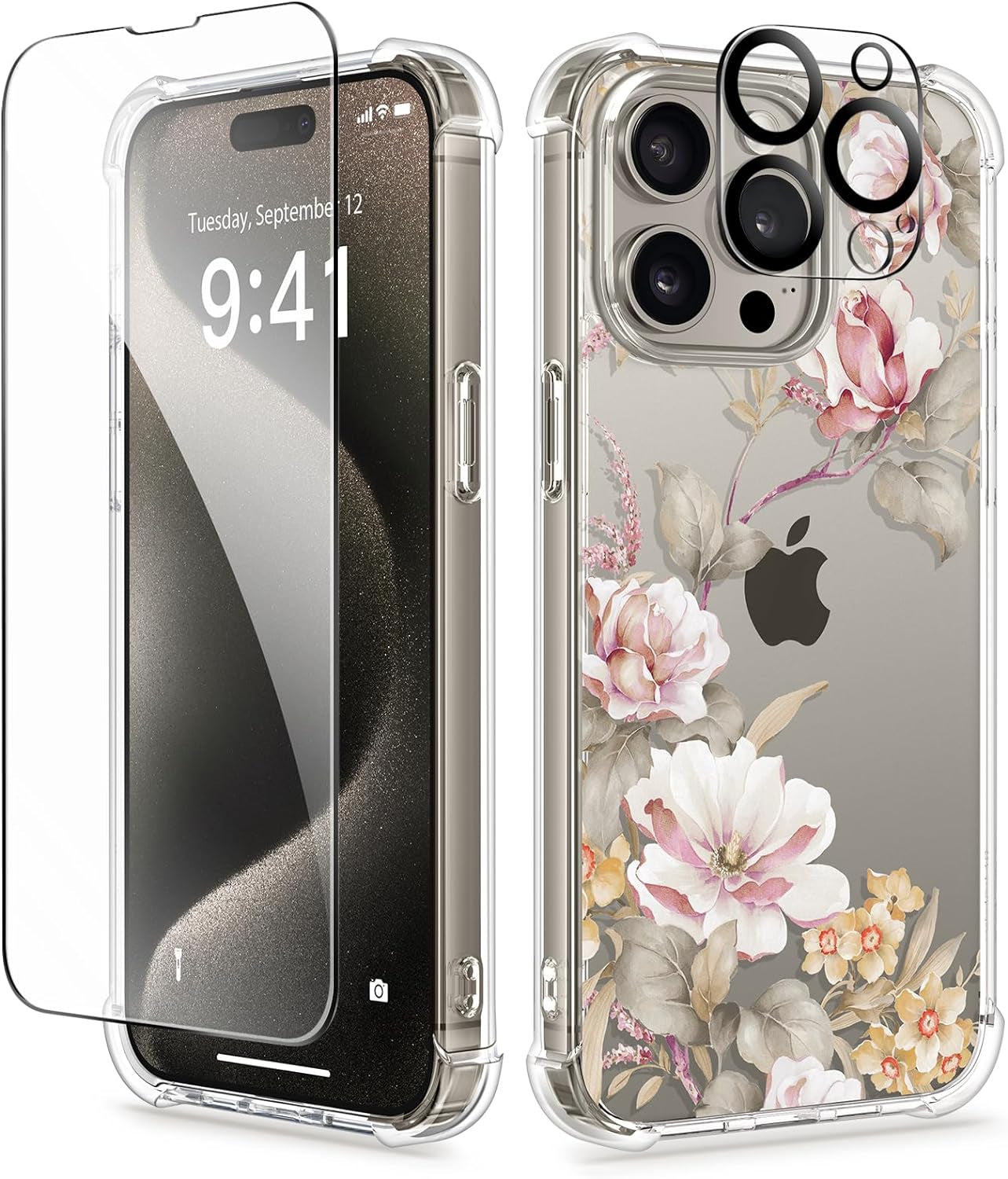 GVIEWIN for Iphone 15 Pro Case Floral, with Screen Protector+Camera Lens Protector, [Not Yellowing] Slim Shockproof Clear Phone Protective Cover for Women, Flower Pattern Design (Ranunculus/Pink)  GVIEWIN A Ranunculus/Pink  