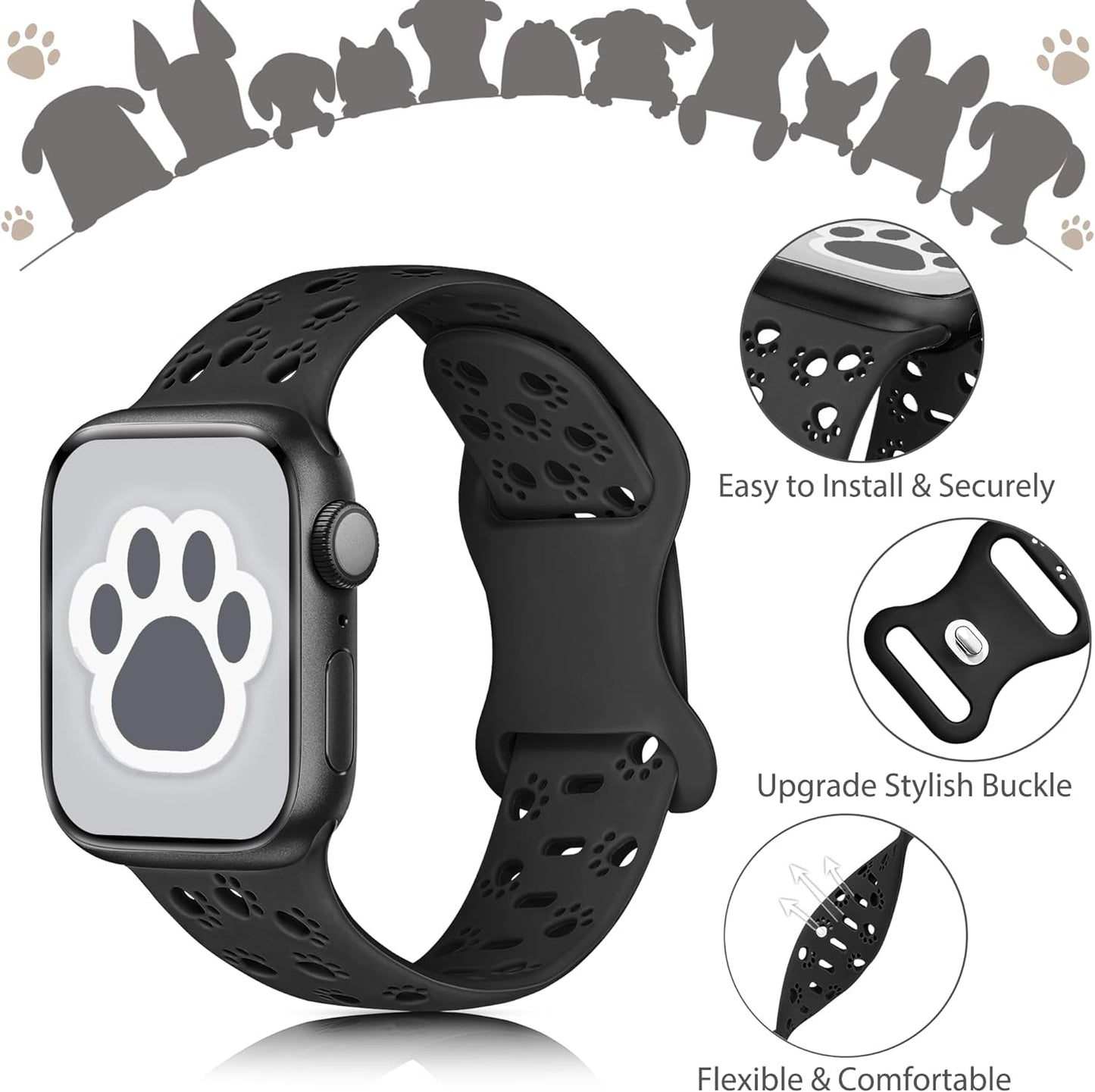 2 Pack Silicone Dog Paw Band for Apple Watch Bands 41Mm 40Mm 38Mm for Women, Cute Animal Cat Designer for Iwatch Bands, Fancy Dressy Sport Band for Apple Watch Band Series 9 Series 8 7 SE 6 5 4 3