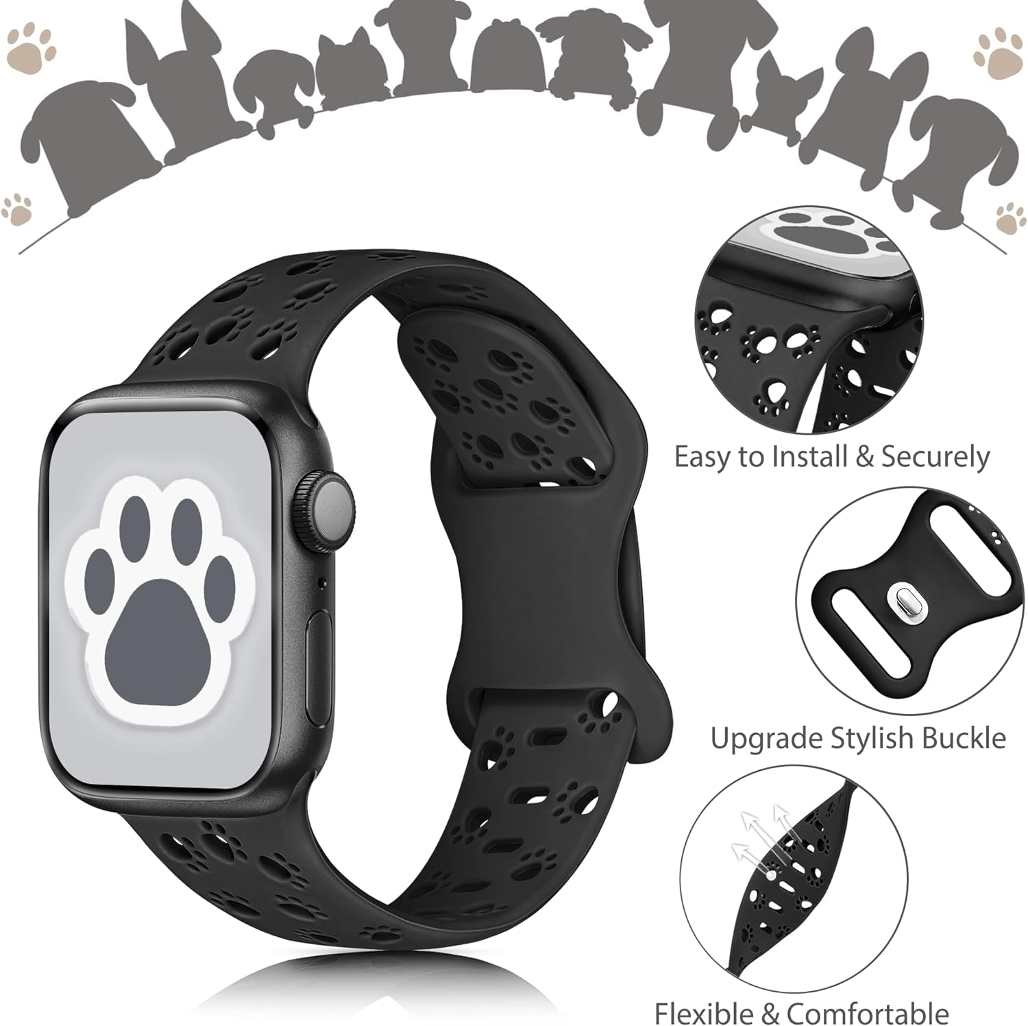 2 Pack Silicone Dog Paw Band for Apple Watch Bands 41Mm 40Mm 38Mm for Women, Cute Animal Cat Designer for Iwatch Bands, Fancy Dressy Sport Band for Apple Watch Band Series 9 Series 8 7 SE 6 5 4 3