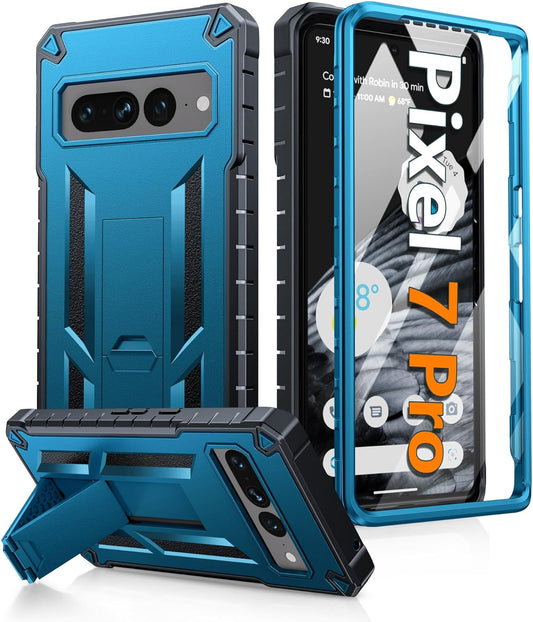 FNTCASE for Google Pixel 7-Pro Phone Case: Shockproof Protective with Built-In Screen Protector & Kickstand - Heavy Duty Dual Layer Rugged Military Grade Drop Proof Cell Phone Cover (Blue Black)  DAMAI Blue  