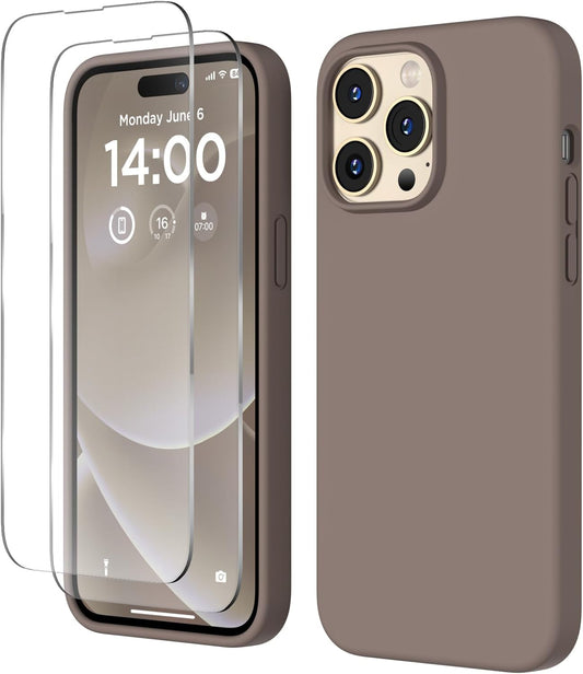 COFFKER Designed for Iphone 14 Pro Case, Liquid Silicone Case [2X Screen Protectors], Shockproof Protective Slim Thin Phone Case with Anti-Scratch Soft Microfiber Lining, 6.1 Inch, Coffee Brown  COFFKER   