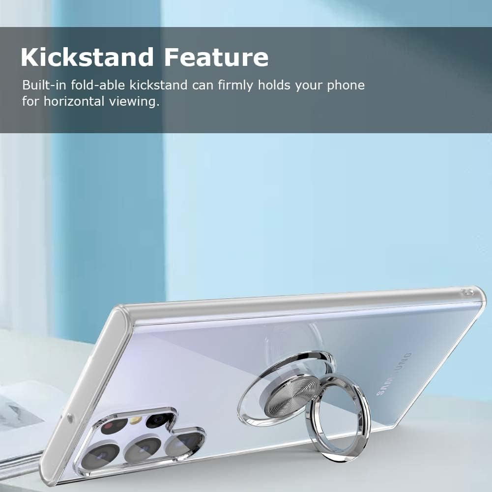 Galaxy S22 Ultra Case, Clear Body Soft TPU Shockproof Case with 360 Degree Rotation Ring Kickstand(Work with Magnetic Car Mount) for Samsung Galaxy S22 Ultra (Clear)