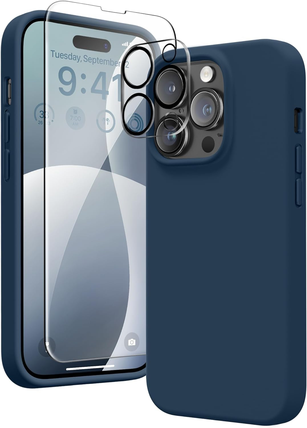 GONEZ for Iphone 14 Pro Case, with 2 Pack Screen Protector + 2 Pack Camera Lens Protector, Soft Anti-Scratch Microfiber Lining, Shockproof Protective Liquid Silicone Phone Cover 6.1'', Blue  GONEZ   