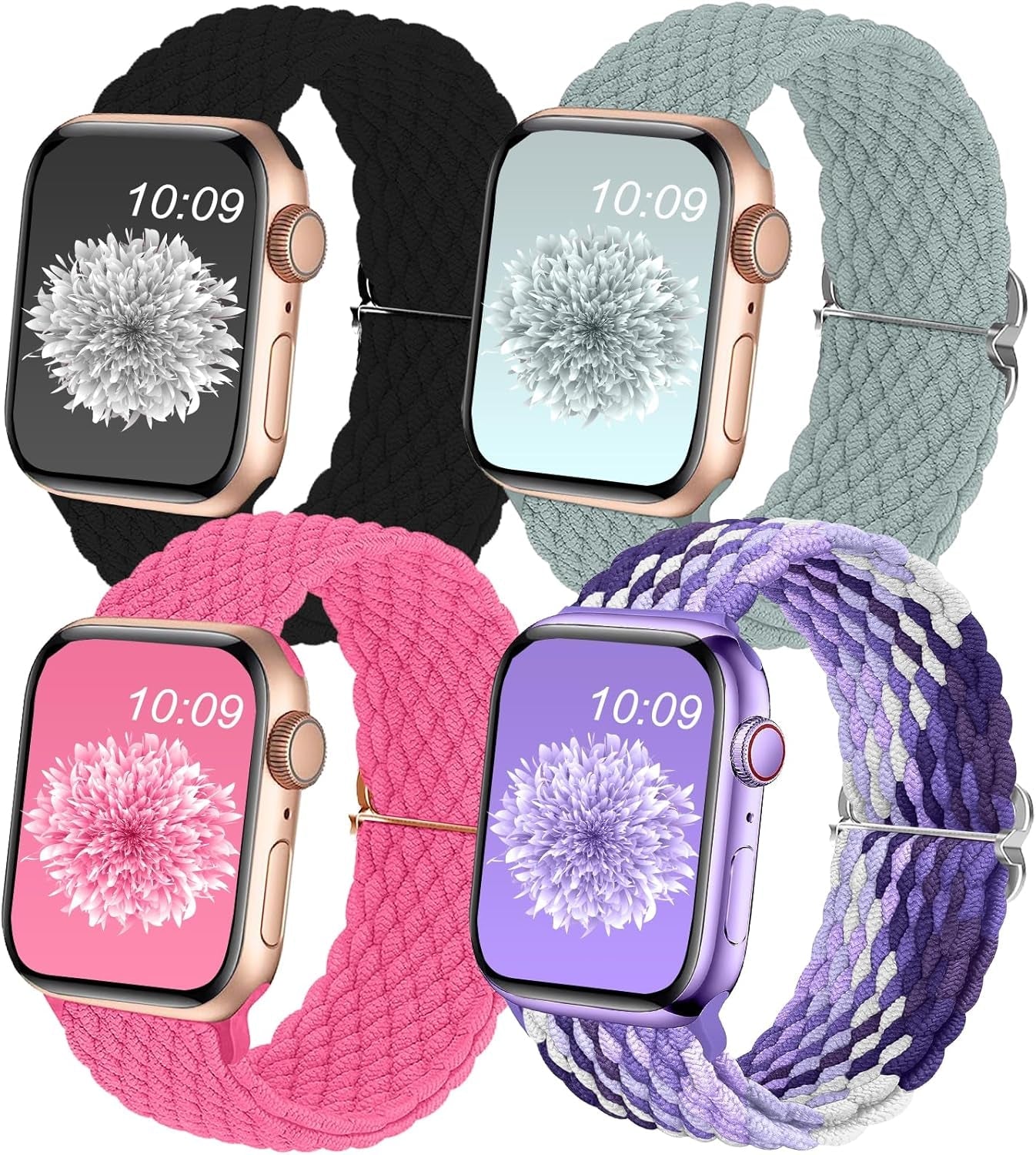4Pack Braided Solo Loop Compatible with Apple Watch Band 38Mm 40Mm 41Mm 42Mm 44Mm 45Mm 49Mm, Washable Stretchy Woven Nylon Strap Wristband Women Men for Iwatch Series 9 8 7 6 5 4 3 2 1 SE Ultra