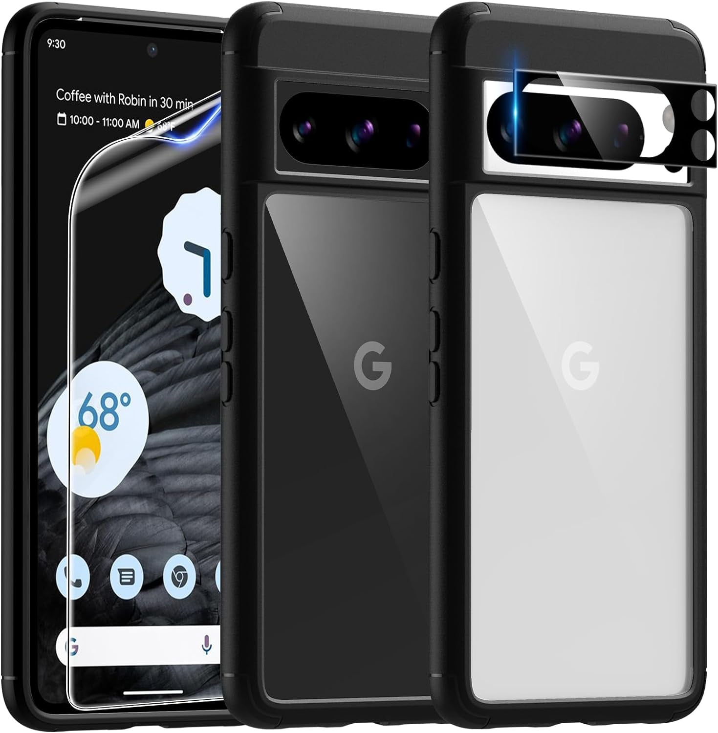 TAURI for Google Pixel 8 Pro Case, [5 in 1] 1X Clear Case [Not-Yellowing] with 2X Screen Protector + 2X Camera Lens Protector, [Military Grade Protection] Slim Case for Pixel 8 Pro  TAURI Black For Pixel 8 Pro 6.7" 