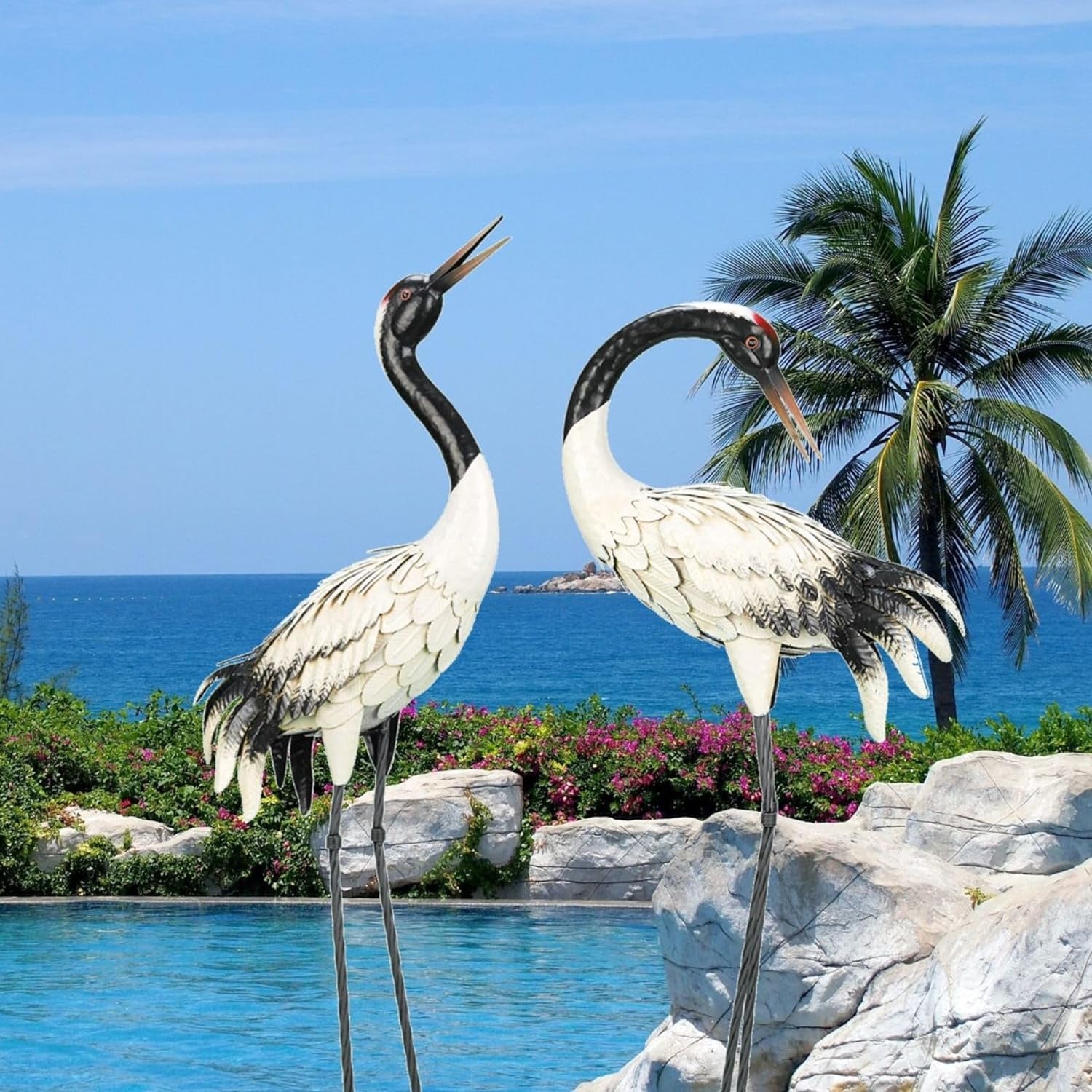 Chisheen Garden Crane Statues Outdoor Heron Red Crowned Crane Metal Yard Art Sculpture,Set of 2  Chisheen   