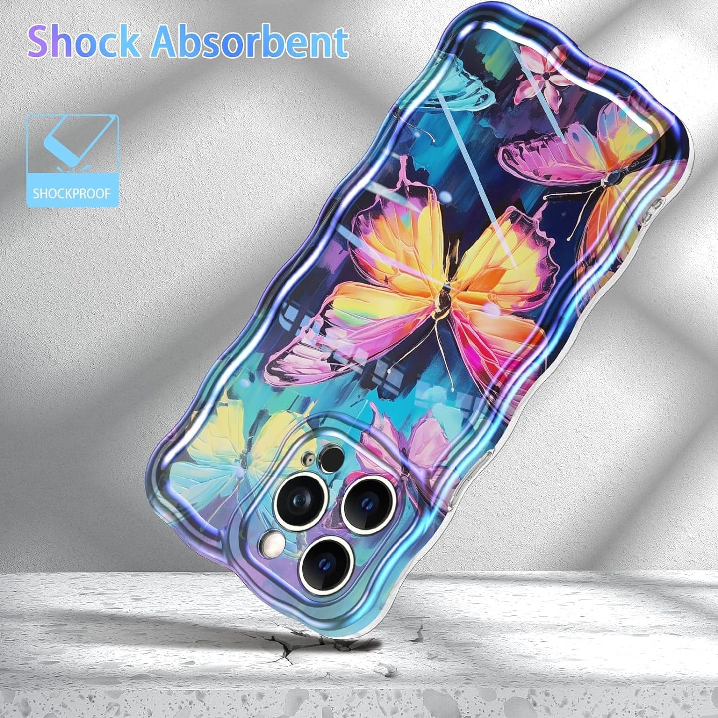 LONTECT for Iphone 14 Pro Max Case Shockproof Slim Full Body Protective Cute Curly Wave Border Camera Protection Cover+Flower Beads Chain Girls Women Case for Apple Iphone 14 Pro Max,Pink Butterfly  Lontect   