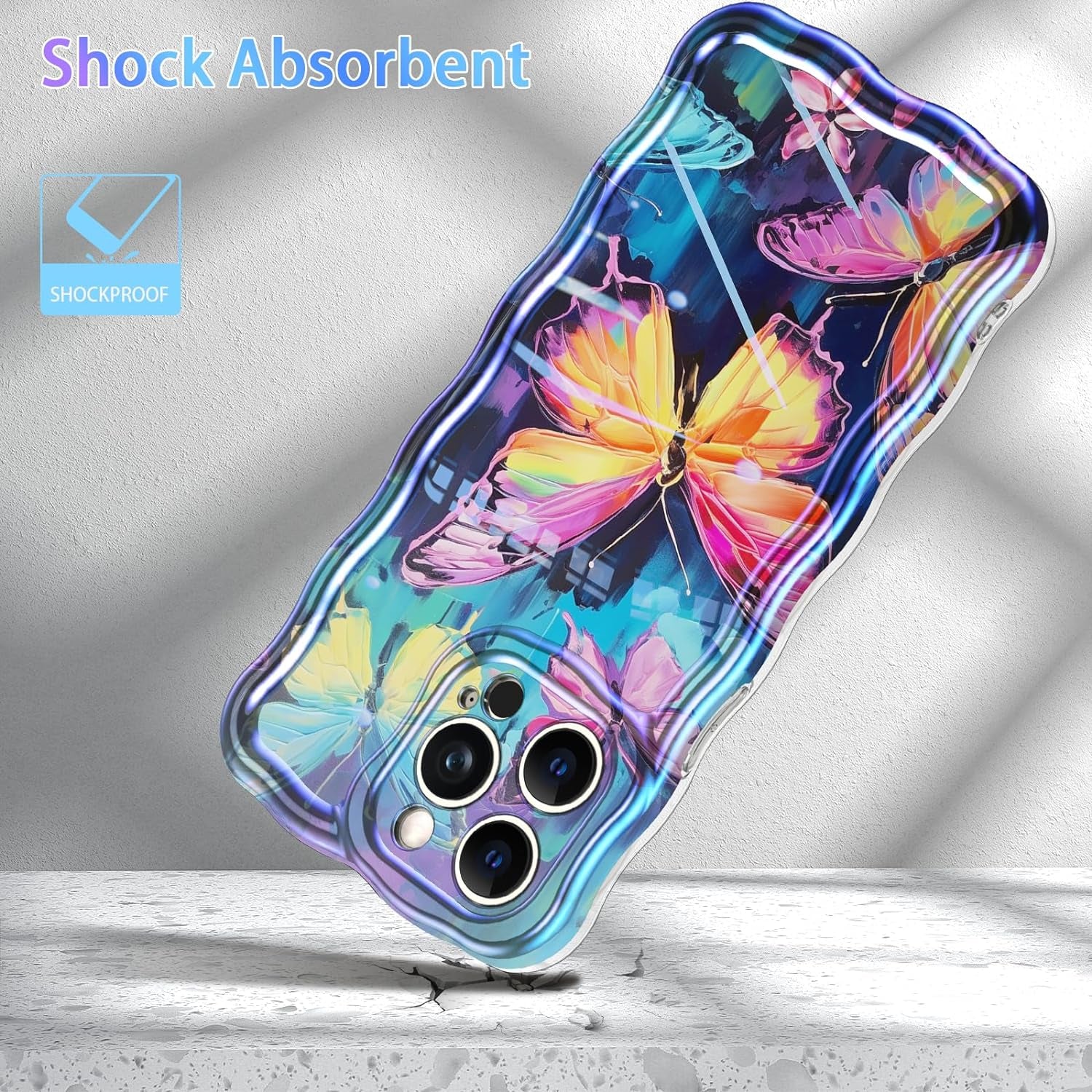 LONTECT for Iphone 14 Pro Max Case Shockproof Slim Full Body Protective Cute Curly Wave Border Camera Protection Cover+Flower Beads Chain Girls Women Case for Apple Iphone 14 Pro Max,Pink Butterfly  Lontect   