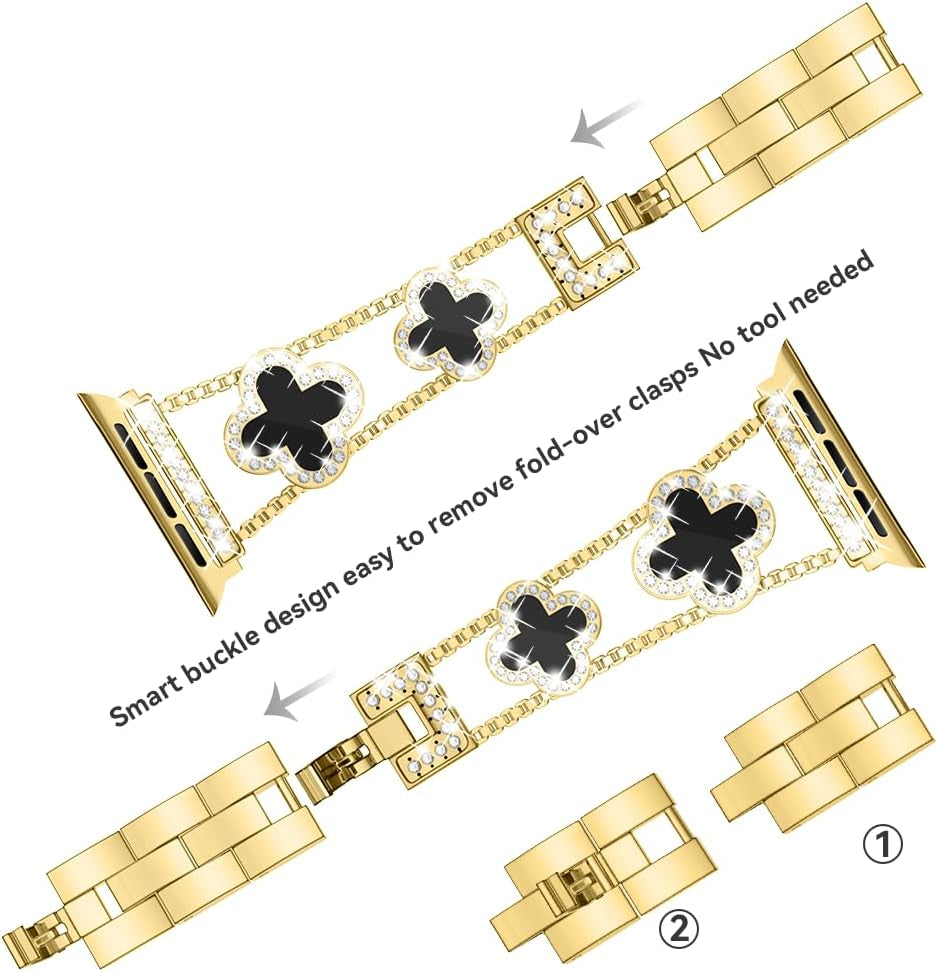 Diamond Metal Band Adds Sparkle to Your Watch - Compatible with Apple Watch Series 8/7/6/5/4/3/2/1Se/Ultra - Clover Is Simple and Stylish, Fits Women'S Sizes 38Mm 40Mm 41Mm 42Mm 44Mm 45Mm 49Mm.(Gold/Black, 42Mm/44Mm/45Mm)