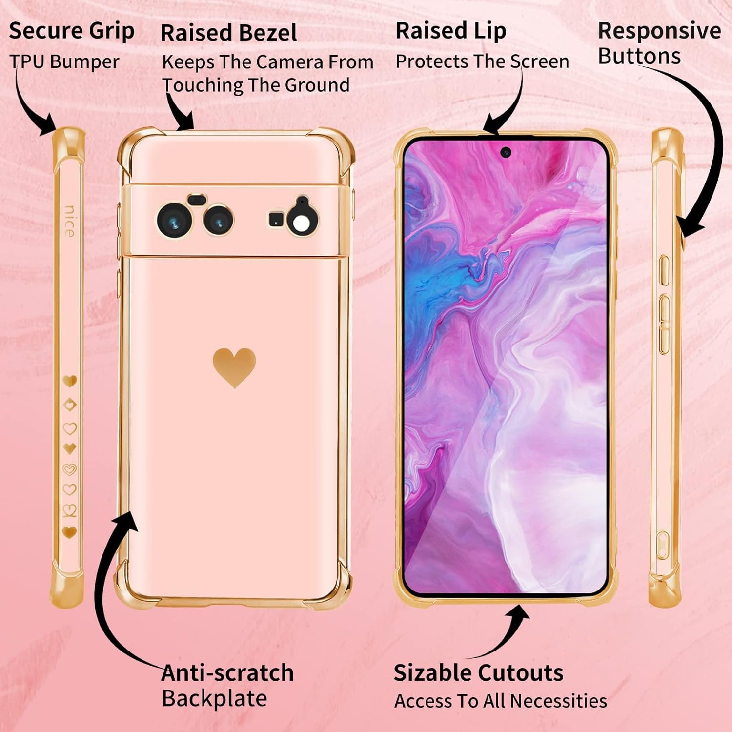 Shorogyt (3In1 Heart Case for Google Pixel 6 Case 5G 6.4 Inch Women Cute Aesthetic Love Hearts Pattern Girls Gold Luxury Girly Design Phone Cases Cover+Screen+Chain for Pixel 6 Case 5G 6.4''  qunxiner   