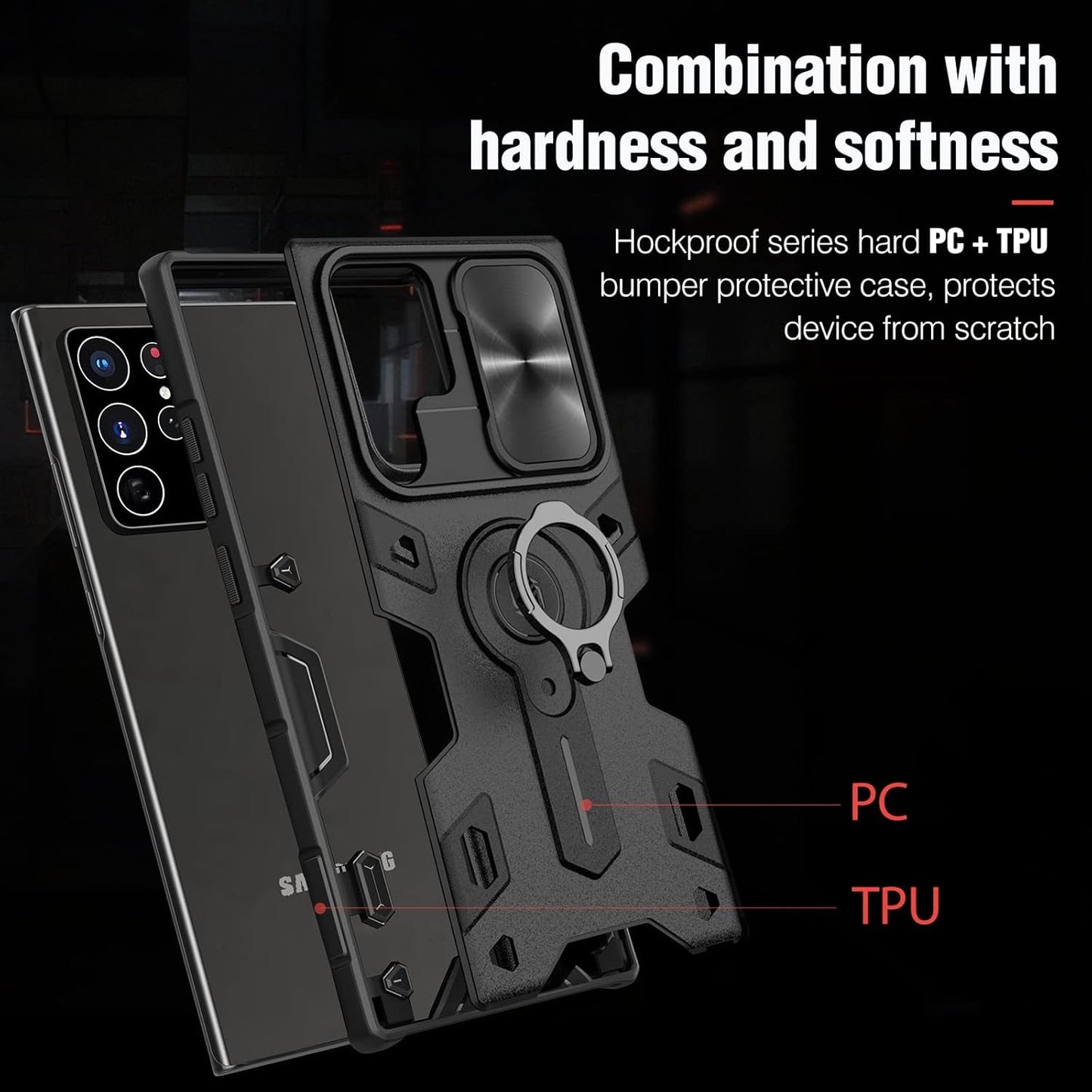 Erhu Galaxy S22 Ultra Case with Slide Camera Cover & Rotation Ring Kickstand, Military Grade, Shockproof Bumper Protective Case for Samsung Galaxy S22 Ultra 5G Case 6.8'' 2022 Black Army Style