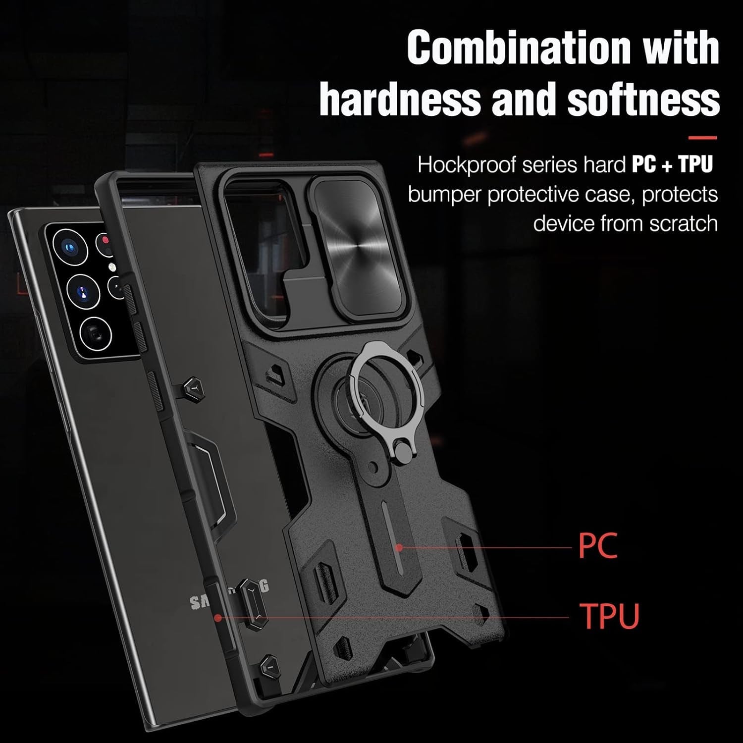 Erhu Galaxy S22 Ultra Case with Slide Camera Cover & Rotation Ring Kickstand, Military Grade, Shockproof Bumper Protective Case for Samsung Galaxy S22 Ultra 5G Case 6.8'' 2022 Black Army Style