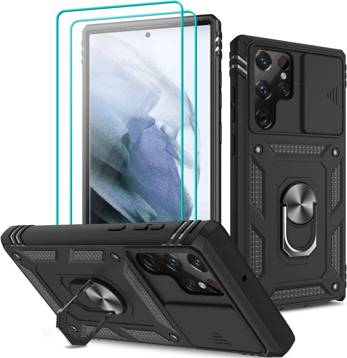 For Samsung Galaxy S22 Ultra Case with Slide Camera Cover & Screen Protector*2, S22 Ultra Case Build in 360° Rotating Ring Kickstand, Military Grade Protective Case for Galaxy S22 Ultra Case, Black