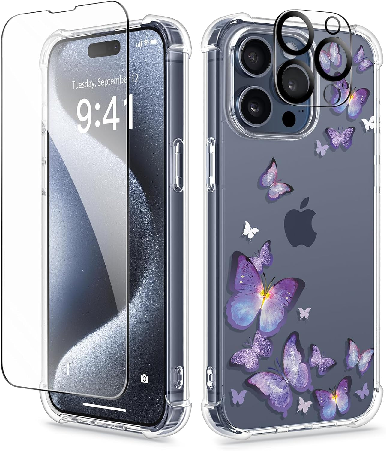 GVIEWIN for Iphone 15 Pro Case Floral, with Screen Protector+Camera Lens Protector, [Not Yellowing] Slim Shockproof Clear Phone Protective Cover for Women, Flower Pattern Design (Ranunculus/Pink)  GVIEWIN Alluring Butterfly/Purple  