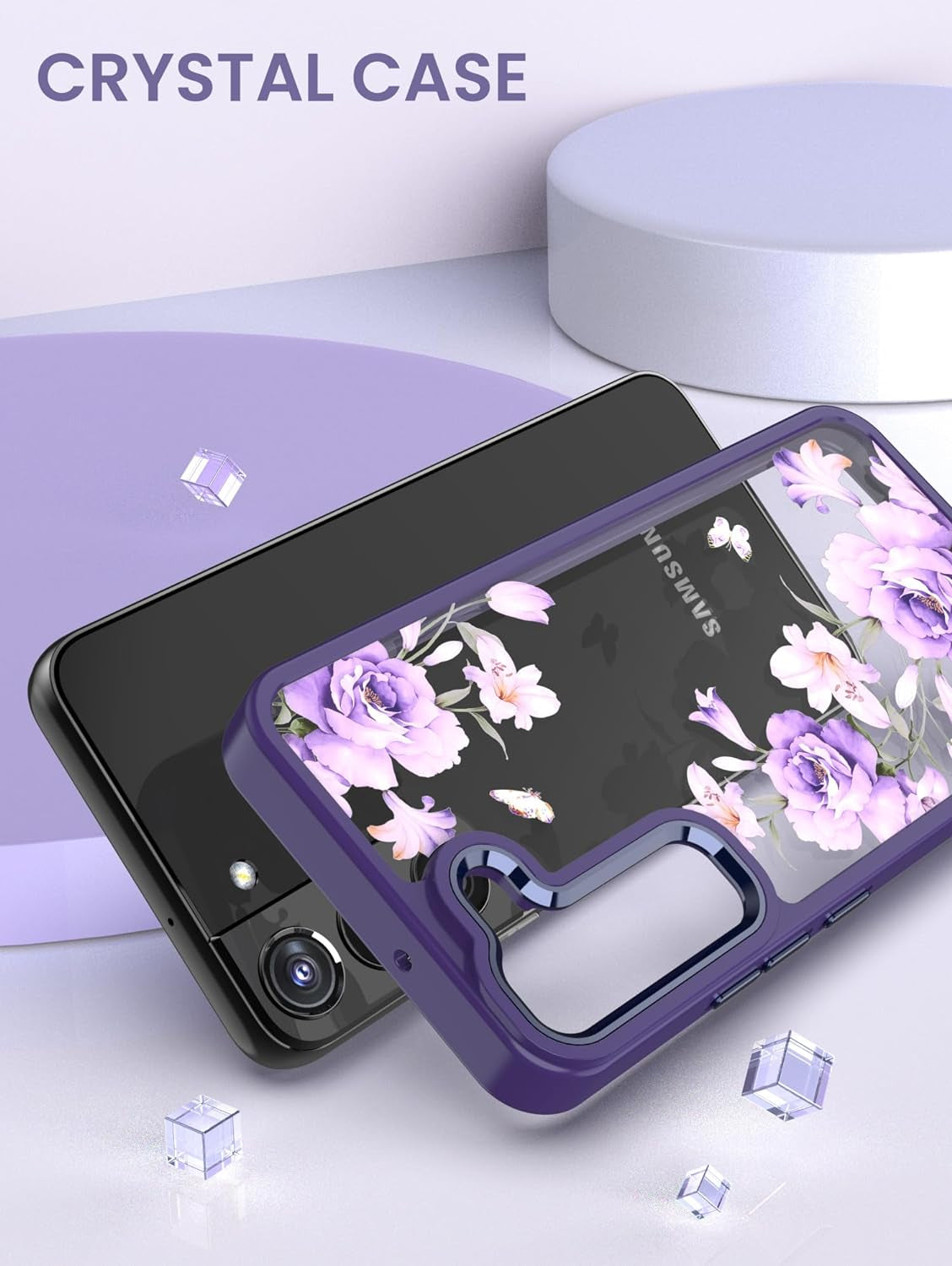 Dretal for Samsung Galaxy S22 5G Case Floral, Military Grade Drop Tested Hard Back & Soft Edge Slim Flower Women Girls Phone Protective Cover + Tempered Glass Screen Protector (Deep Purple)