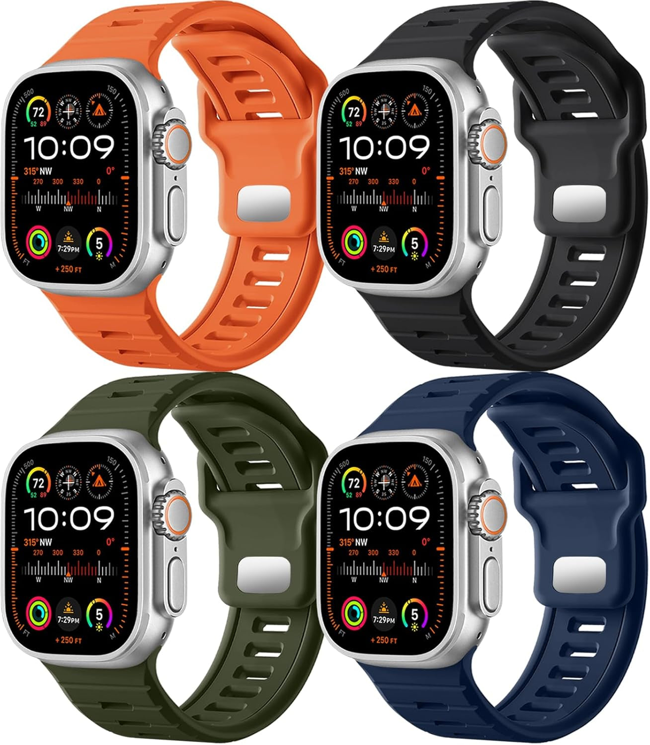 4Pack Sport Bands Compatible with Apple Watch Ultra 2/Ultra Band,Compatible with Apple Watch Bands for Men 49Mm 45Mm 44Mm 42Mm,Silicone Replacement Strap for Iwatch Series 9 8 7 6 5 4-1 SE