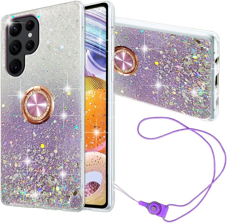 For Samsung Galaxy S22 Ultra Case Phone Case for Women Glitter Cute Luxury Soft Silicone Clear Cover with Stand Bumper Shockproof Full Body Protection Case (Purple, Samsung Galaxy S22 Ultra)