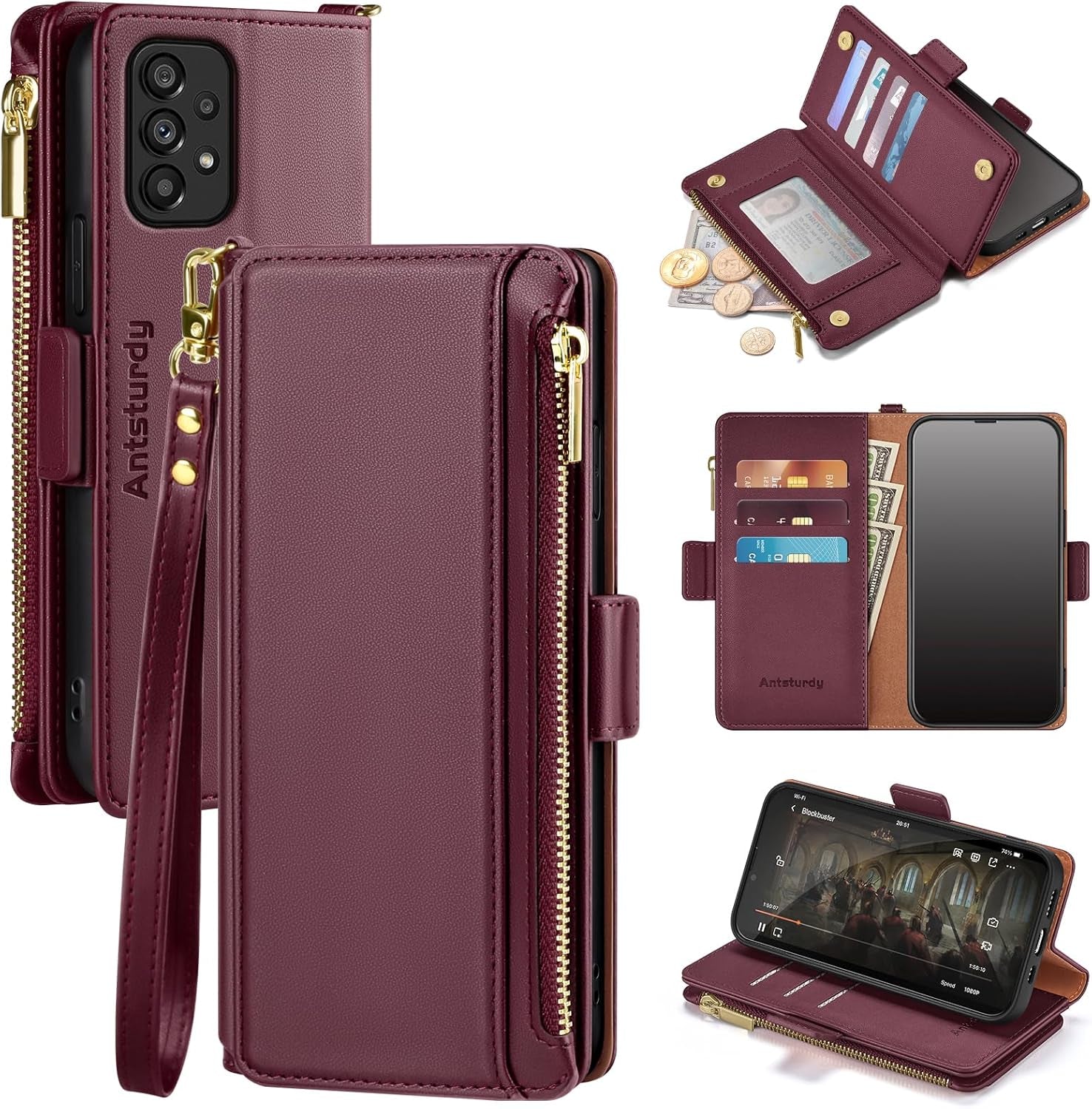 Antsturdy Samsung Galaxy A53 5G Case Wallet with Card Holder for Women Men,Galaxy A53 5G Phone Case RFID Blocking PU Leather Flip Shockproof Cover with Strap Zipper Credit Card Slots,Beige