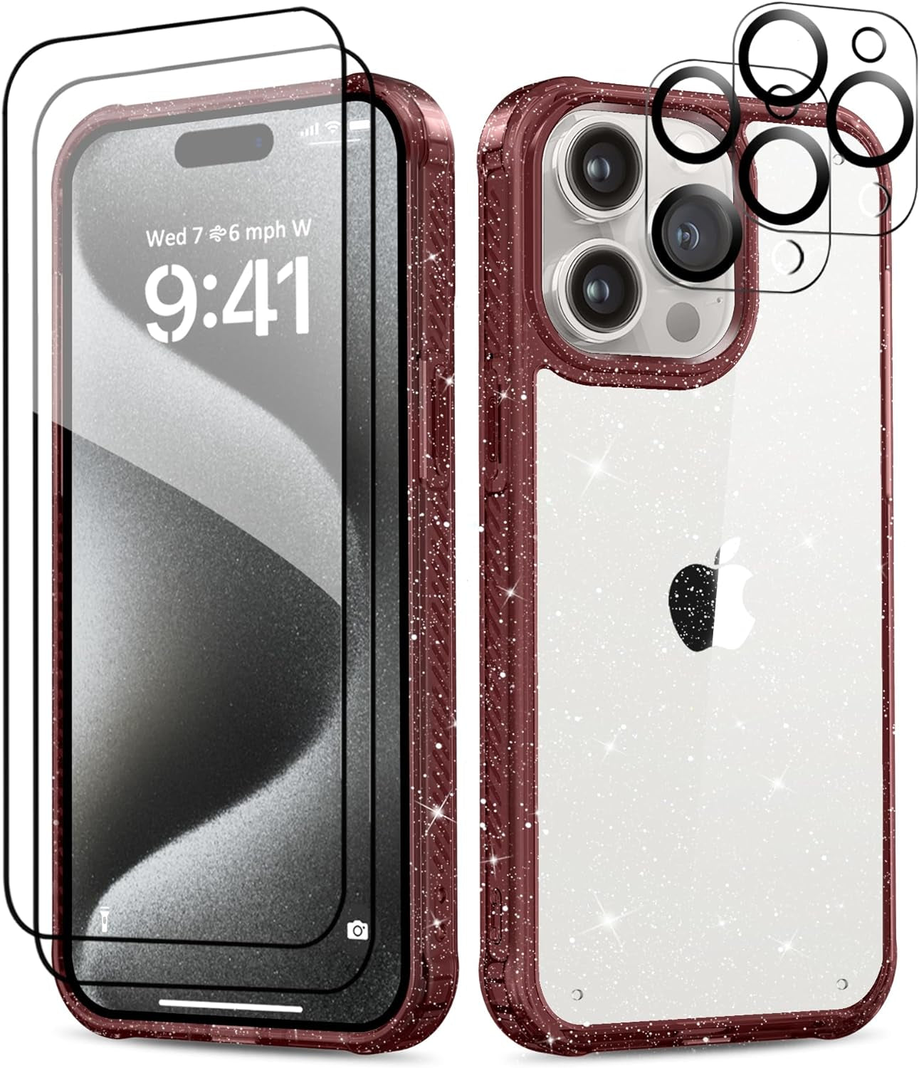 MIODIK Case Compatible with Iphone 15 Pro Clear Glitter, 2Pcs Screen Protector + 2Pcs Camera Protector, Women Cute [Military-Grade Protective] [Anti-Yellowing] Slim Cover 6.1" 2023 (Sparkle Black)  MIODIK   