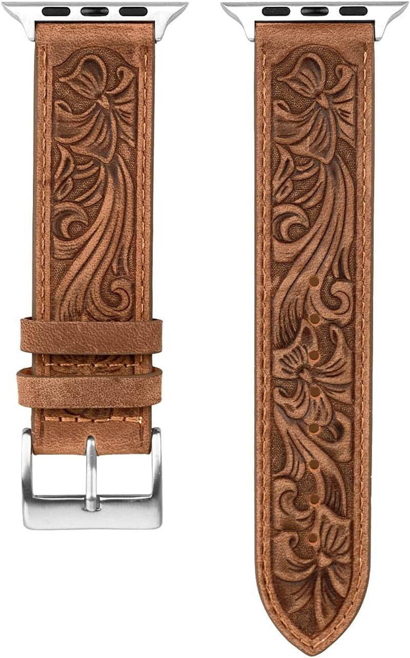 For Apple Watch Band Leather 40Mm 38Mm 44Mm 42Mm, Retro Pattern Leather Classical Replacement Smart Watch Band for Iwatch Men Women Series SE 6 5 4 3 2 1