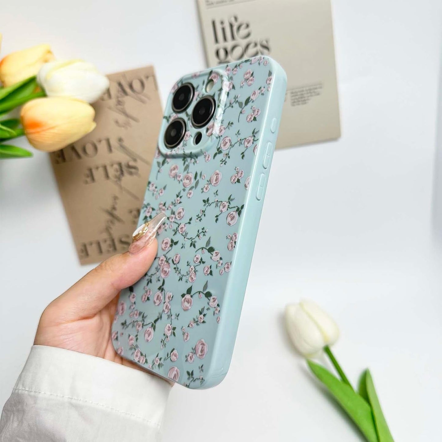 DYFYFKDI Floral Case for Iphone 15 Pro Cute Flower Rose Pattern Aesthetic Iphone 15 Pro Case Vintage Girls Women,Oil Flowers Girly Trendy Slim Fit TPU Shockproof Protective Case, Blue  DYFYFKDI   