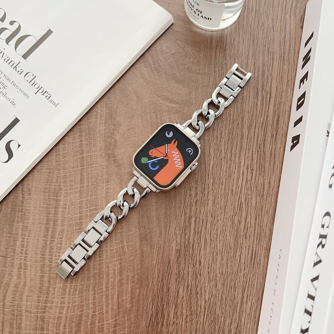 Chain Metal Band Compatible with Apple Watch 38Mm 40Mm 41Mm 42Mm 44Mm 45Mm 49Mm Women'S Watch Band Slim Fashion Stainless Steel Band for Iwatch Band Ultra Ultra 2 SE SE2 Series 9 8 7 6 5 4 3 2 1