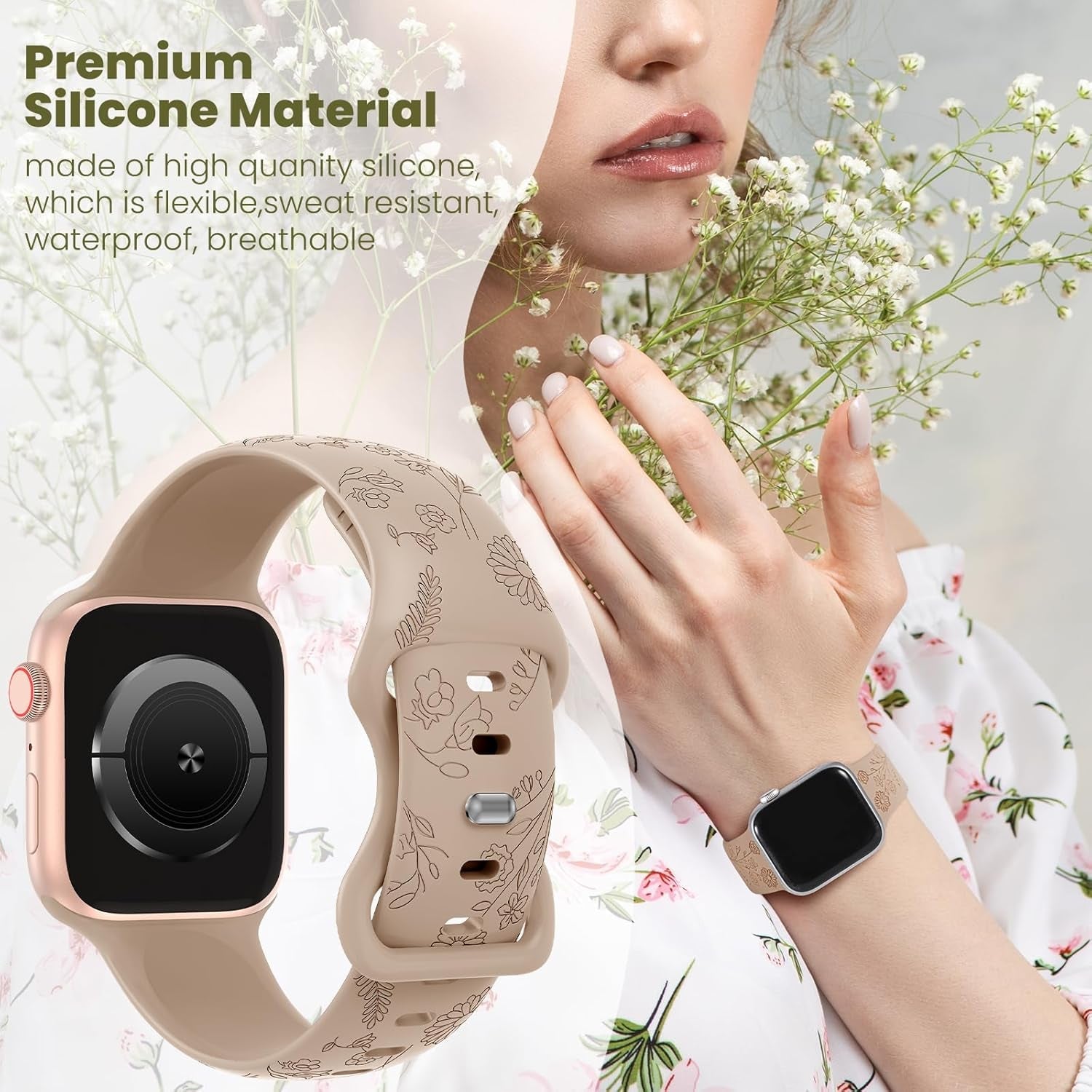 6 Pack Floral Engraved Compatible for Apple Watch Band 38Mm 40Mm 41Mm 42Mm 44Mm 45Mm 49Mm Women, Soft Silicone Cute Flower Sport Strap for Iwatch Bands Series 9 8 7 SE 6 5 4 3 2 1 Ultra