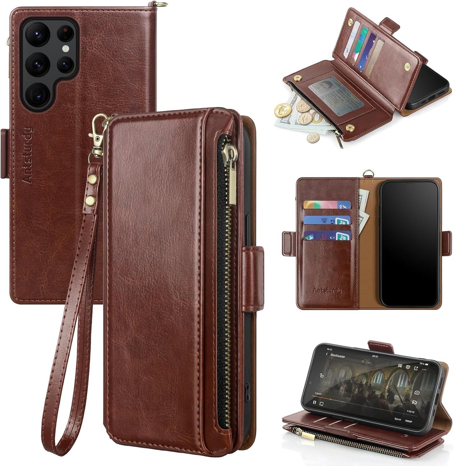 Antsturdy Samsung Galaxy S22 Ultra Wallet with Card Holder for Women Men,Galaxy S22 Ultra 5G Phone Case RFID Blocking PU Leather Flip Shockproof Cover with Strap Zipper Credit Card Slots,Dark Blue