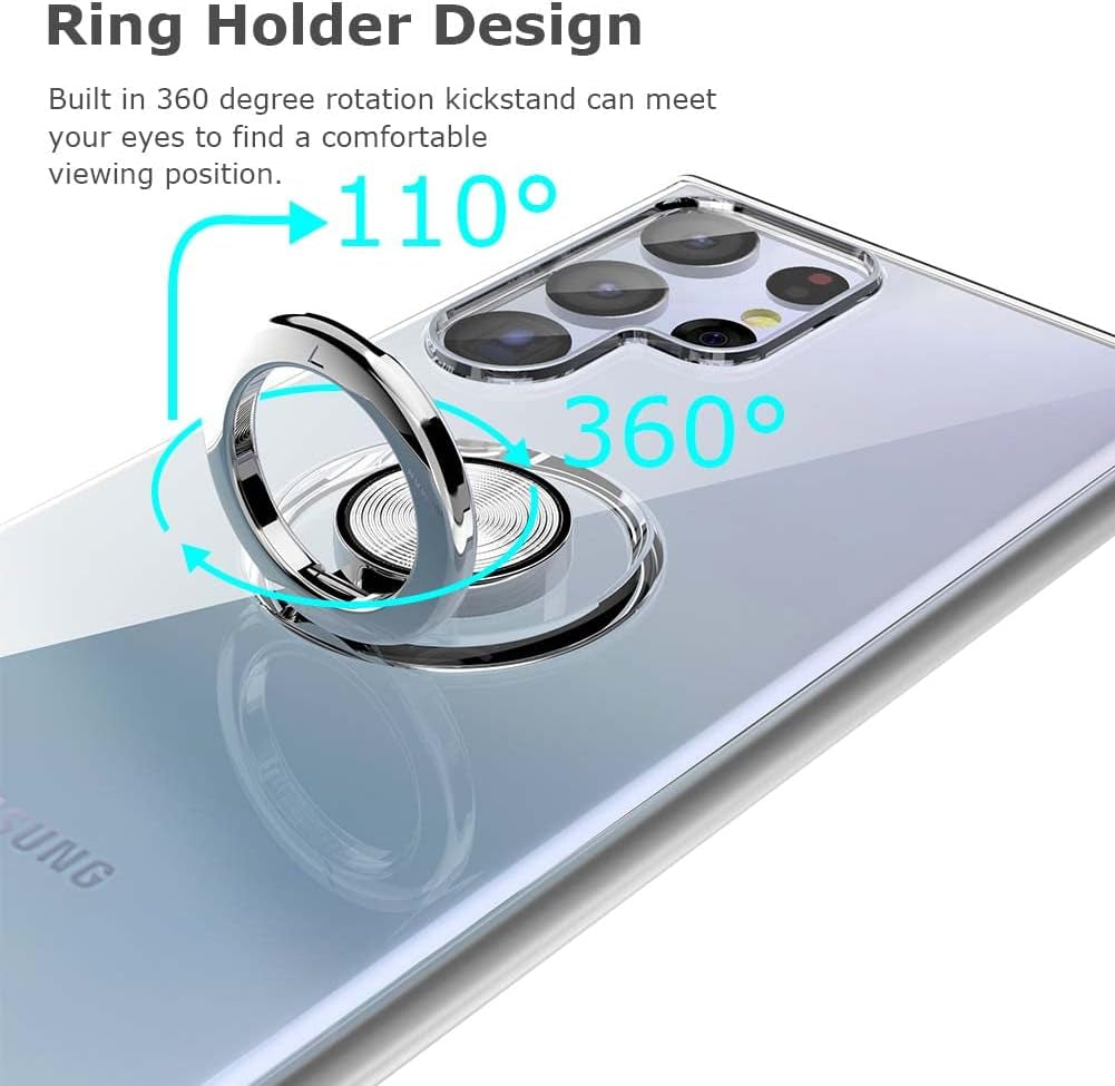 Galaxy S22 Ultra Case, Clear Body Soft TPU Shockproof Case with 360 Degree Rotation Ring Kickstand(Work with Magnetic Car Mount) for Samsung Galaxy S22 Ultra (Clear)