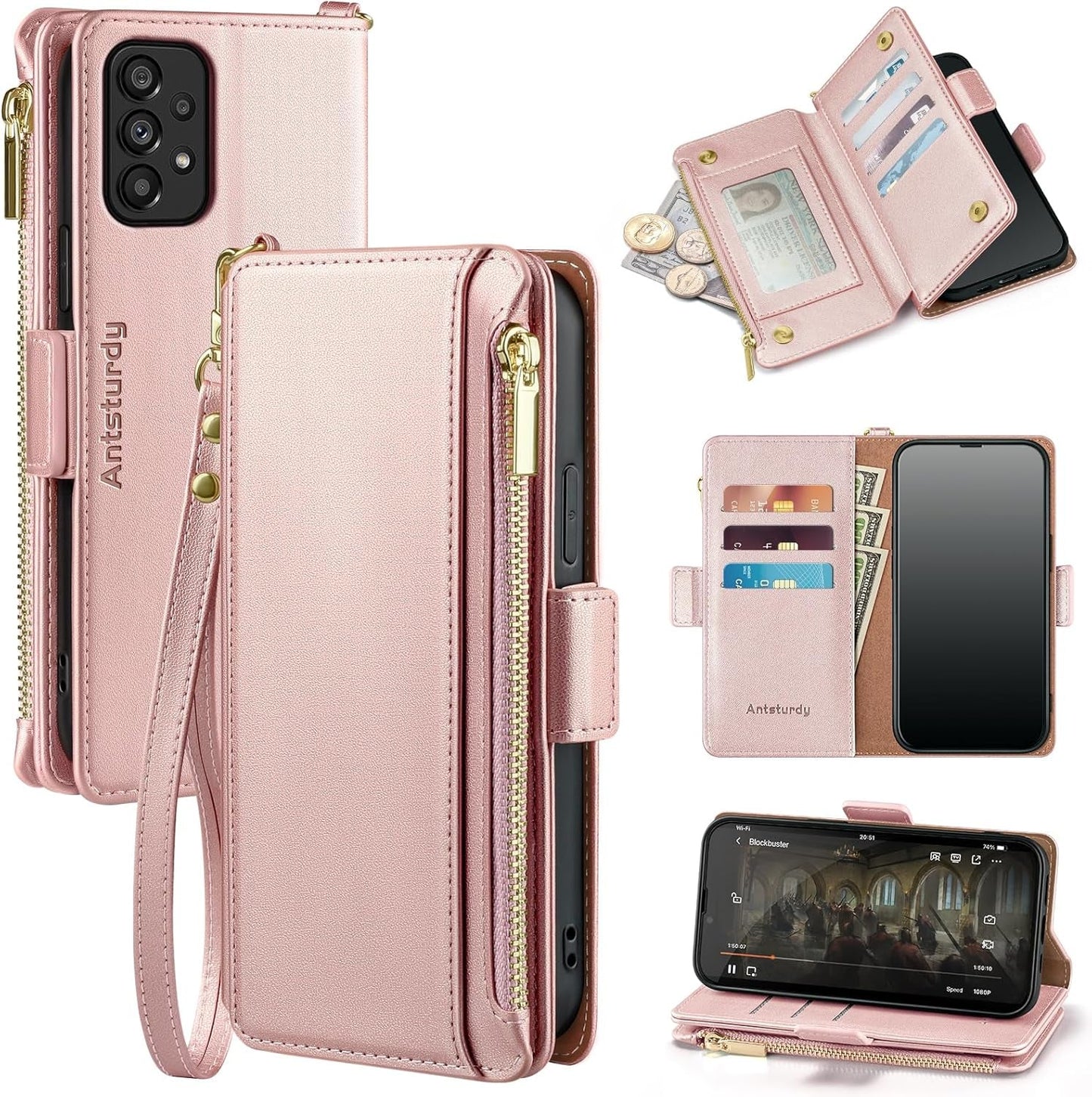 Antsturdy Samsung Galaxy A53 5G Case Wallet with Card Holder for Women Men,Galaxy A53 5G Phone Case RFID Blocking PU Leather Flip Shockproof Cover with Strap Zipper Credit Card Slots,Beige