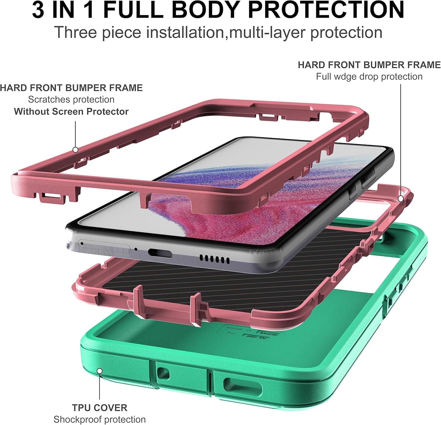 For Samsung A53 5G Case, Galaxy A53 5G Case with 2 Pcs Nano Explosion-Proof Film, 3 in 1 Full Body Shockproof Heavy Duty Protection Case for Samsung Galaxy A53 5G (Aqua Blue/Rose Pink)