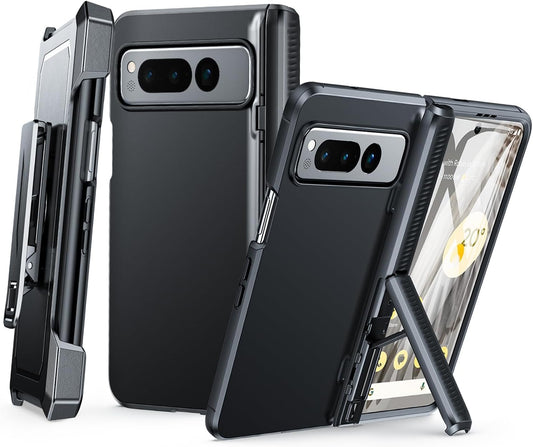 FNTCASE for Google Pixel Fold Case: Rugged Shockproof Cover with Kickstand & Holster | Drop Proof Hinge Protection Screen Protector Military Grade Tough Slim Protective 5G Phone Shell Black  FNTCASE Black Holster 