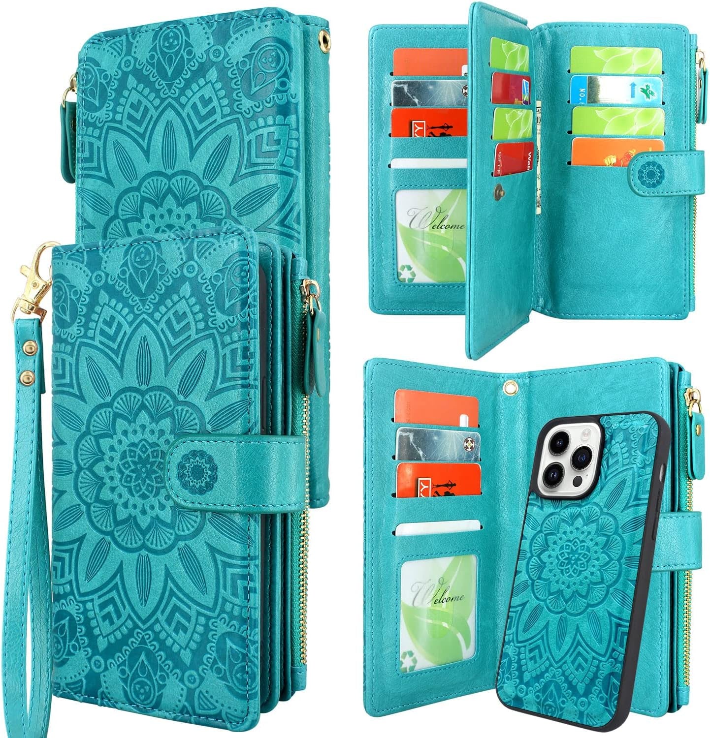 Harryshell Compatible with Iphone 14 Pro 6.1 Inch 5G 2022 Wallet Case Detachable Magnetic Cover Zipper Cash Pocket Multi Card Slots Holder Wrist Strap Lanyard (Floral Black)  Harryshell   